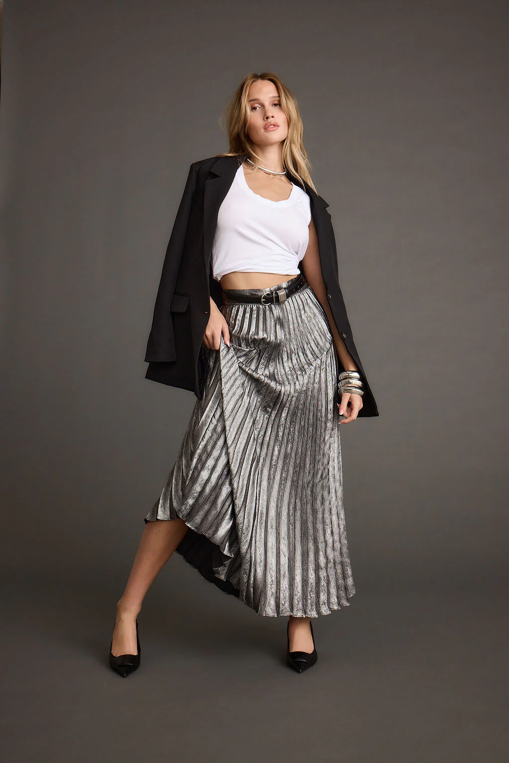 Electric Love Gunmetal Metallic Pleated Maxi Skirt - Image 8