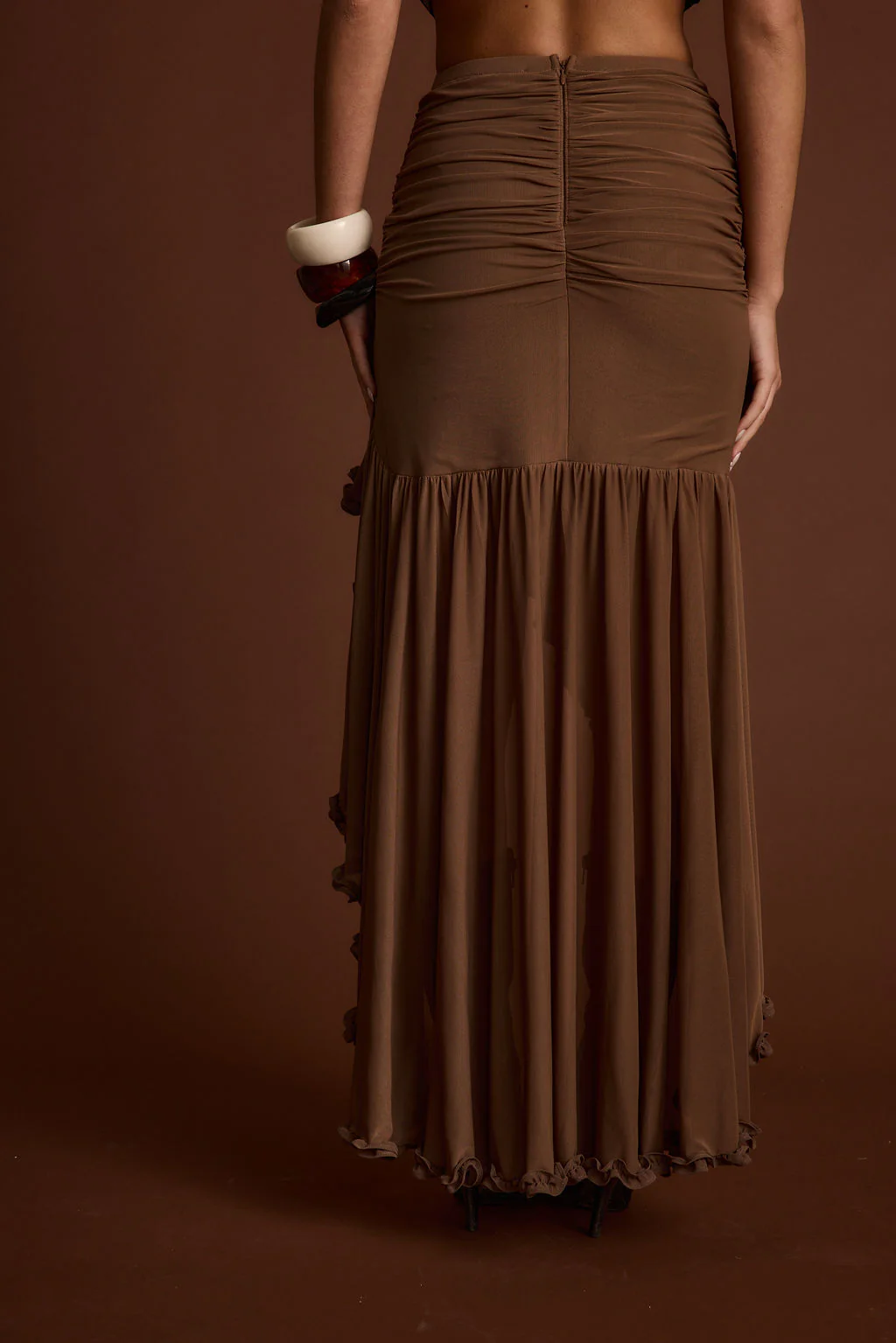 Evanna Brown High Low Ruffle Mesh Maxi Skirt - Image 2
