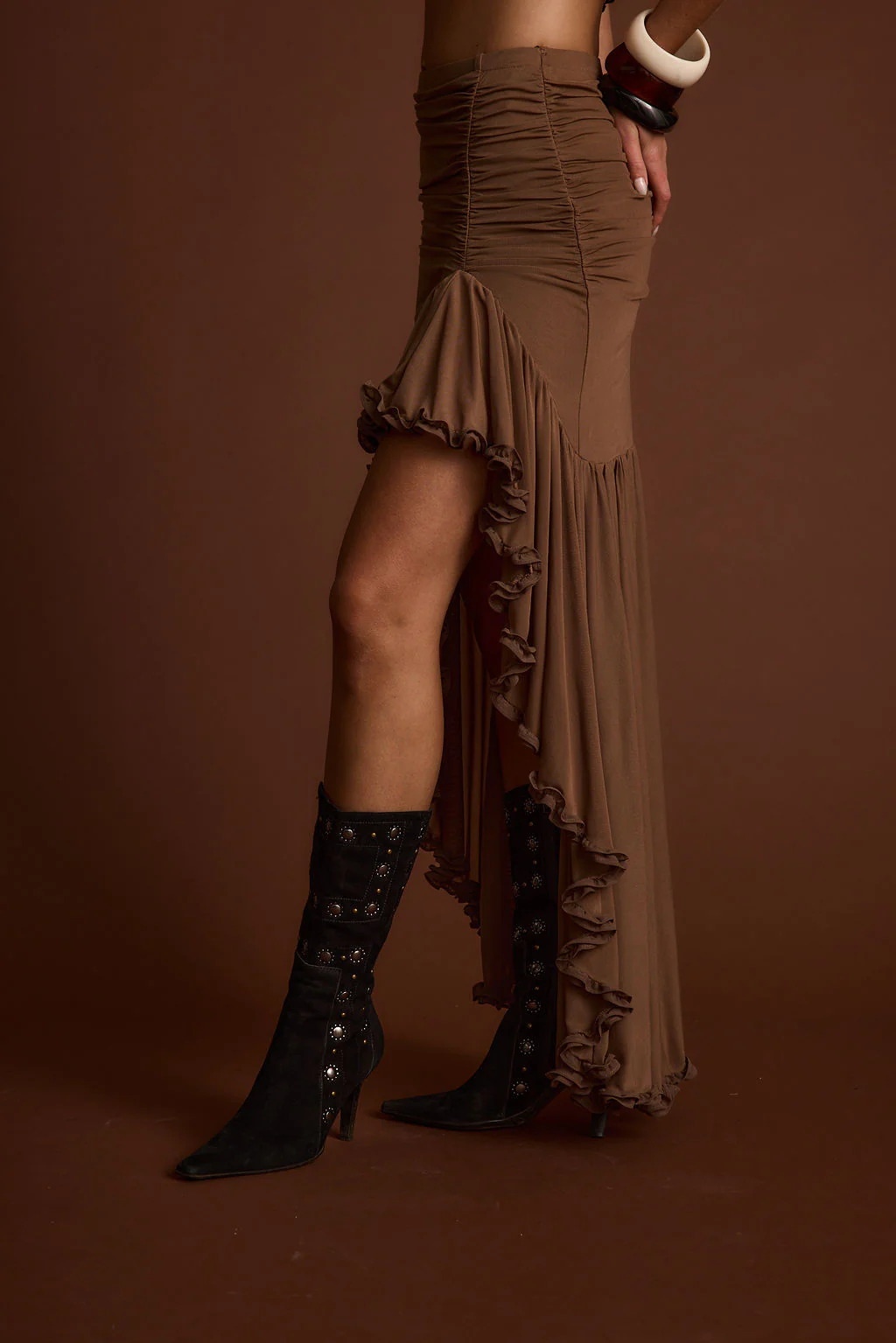 Evanna Brown High Low Ruffle Mesh Maxi Skirt - Image 4