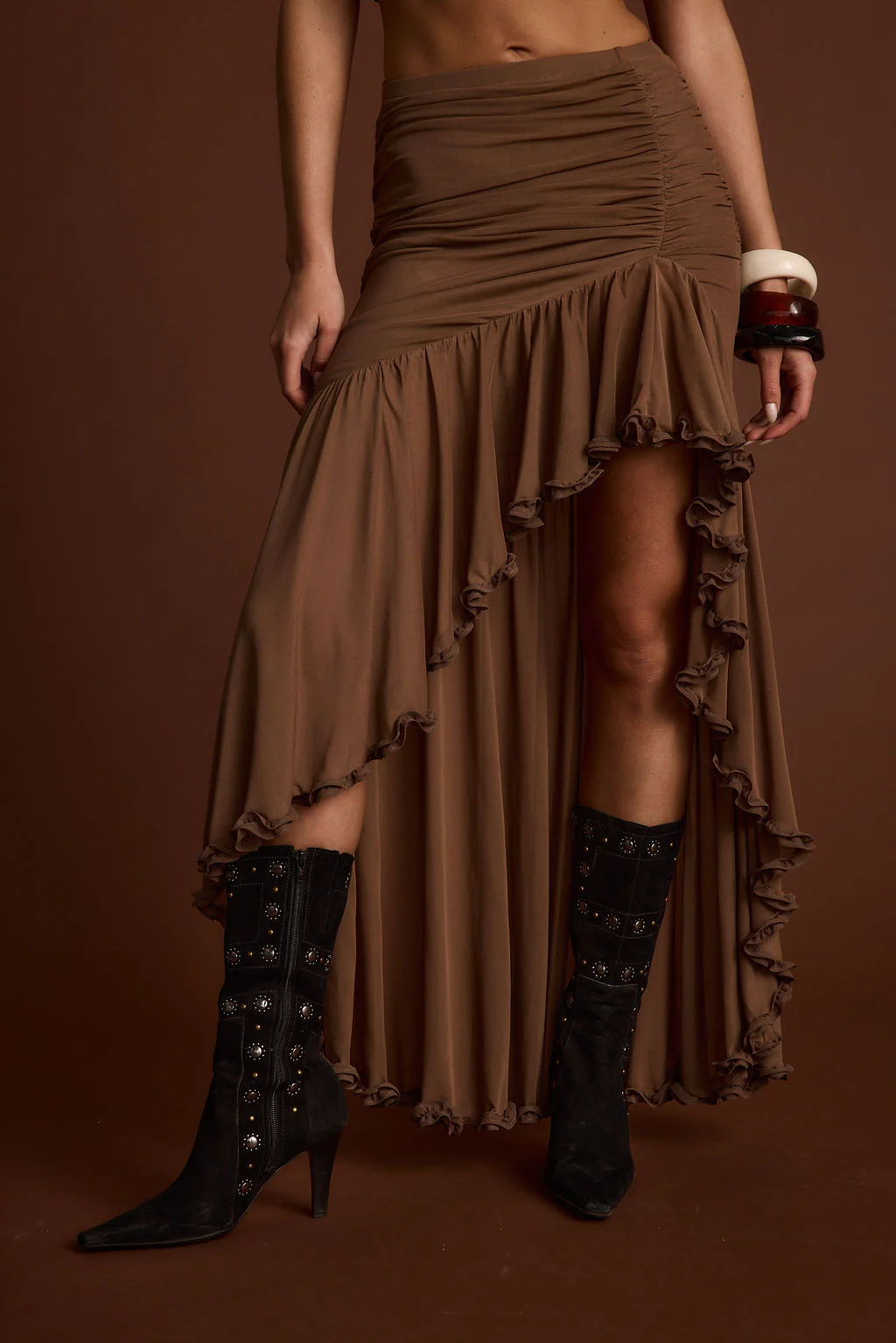 Evanna Brown High Low Ruffle Mesh Maxi Skirt - Image 5