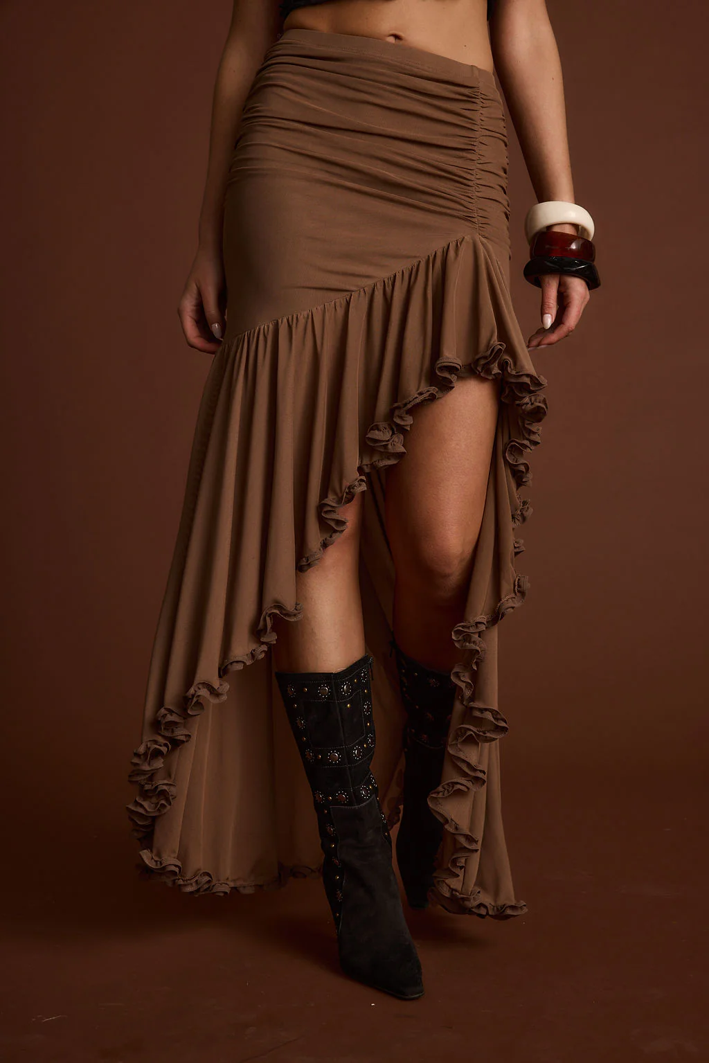 Evanna Brown High Low Ruffle Mesh Maxi Skirt - Image 6