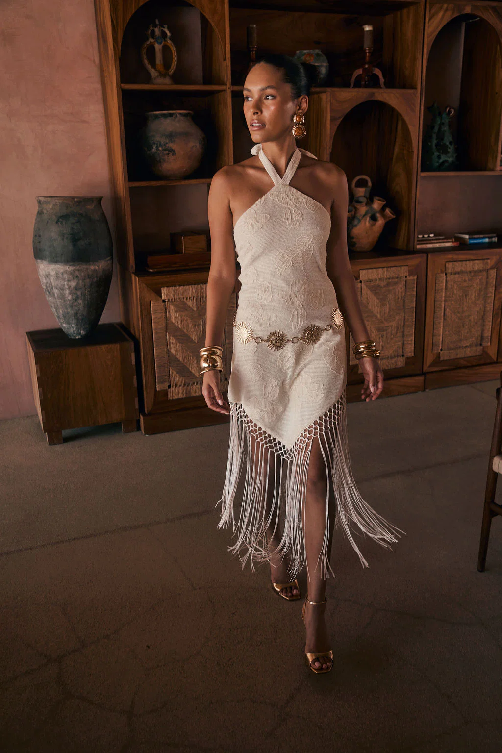 Fontaine Ivory Jacquard Fringe Midi Dress - Image 6