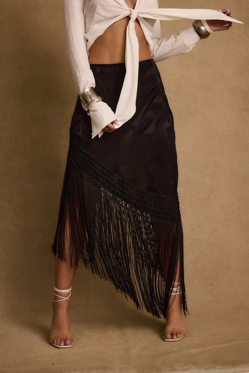 Frankie Black Satin Jacquard Fringe Midi Skirt - Image 10
