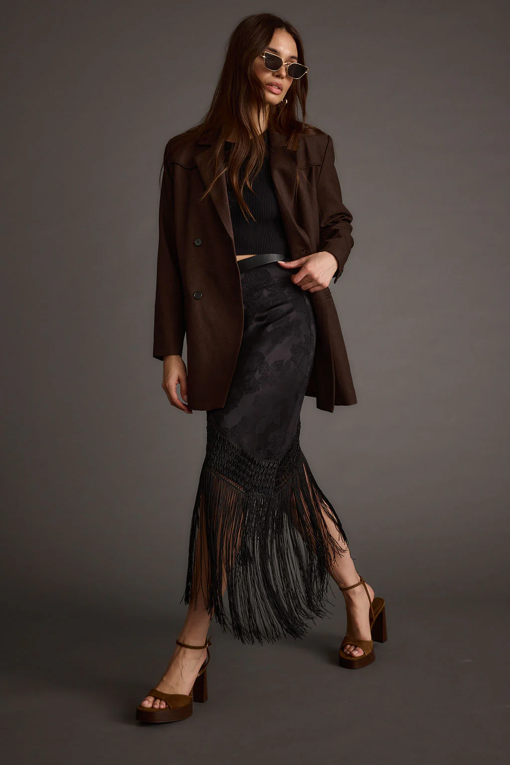 Frankie Black Satin Jacquard Fringe Midi Skirt - Image 11