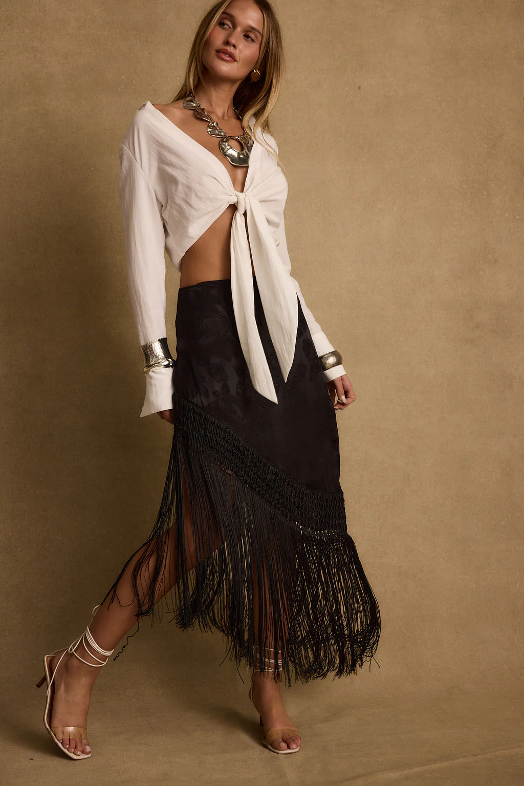 Frankie Black Satin Jacquard Fringe Midi Skirt - Image 6