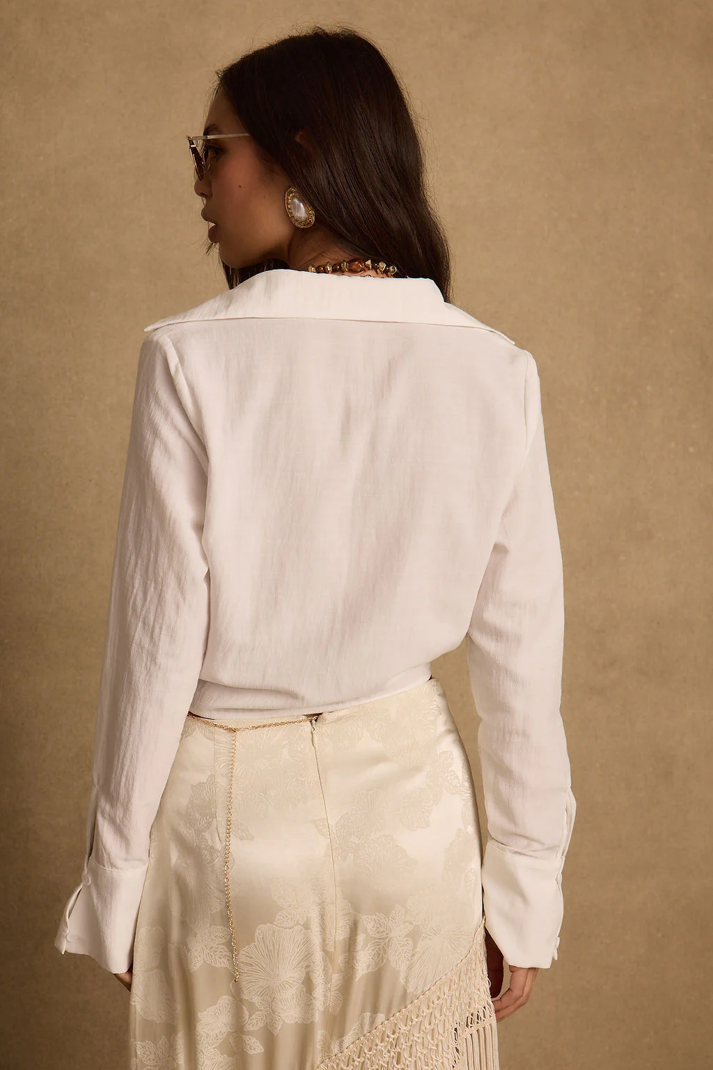 Frankie Cream Satin Jacquard Fringe Midi Skirt - Image 6