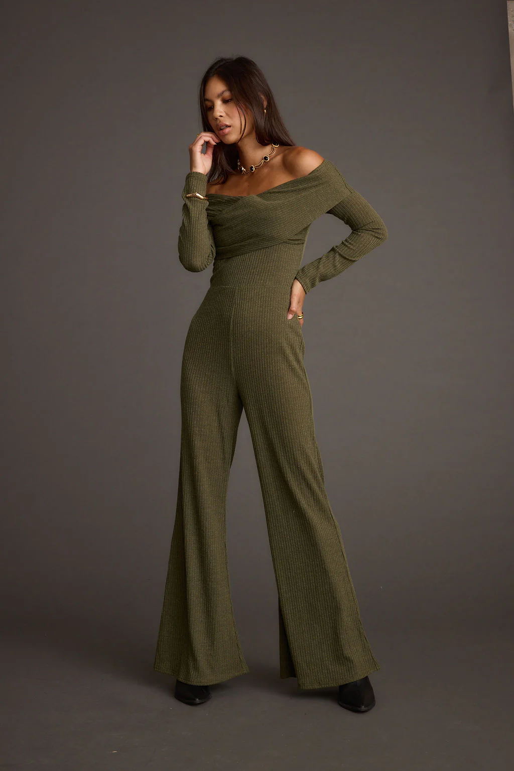 Greenwich Olive Knit Off The Shoulder Jumpsuit - Image 3