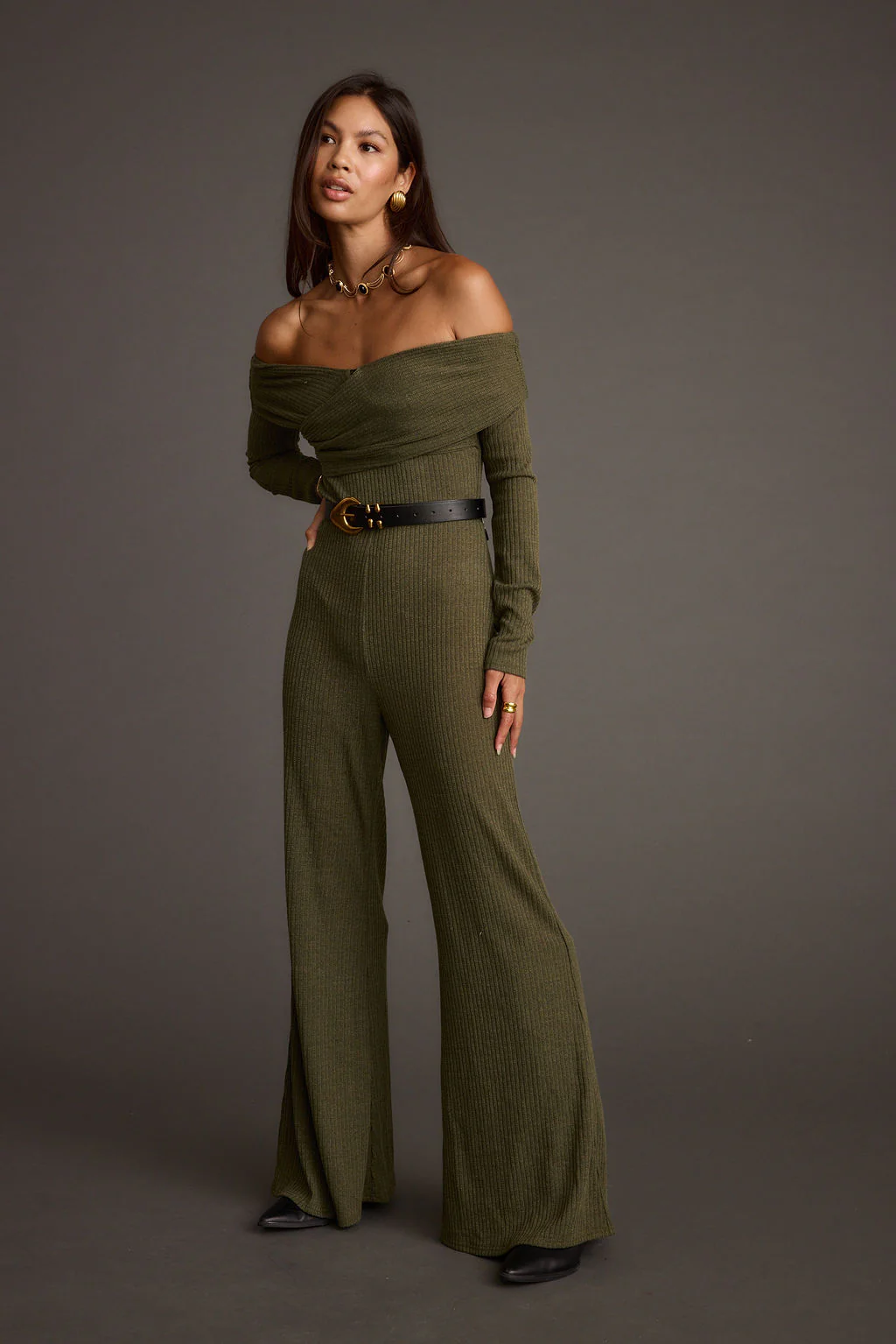 Greenwich Olive Knit Off The Shoulder Jumpsuit - Image 4
