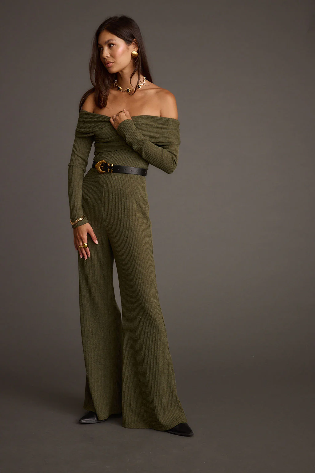Greenwich Olive Knit Off The Shoulder Jumpsuit - Image 5