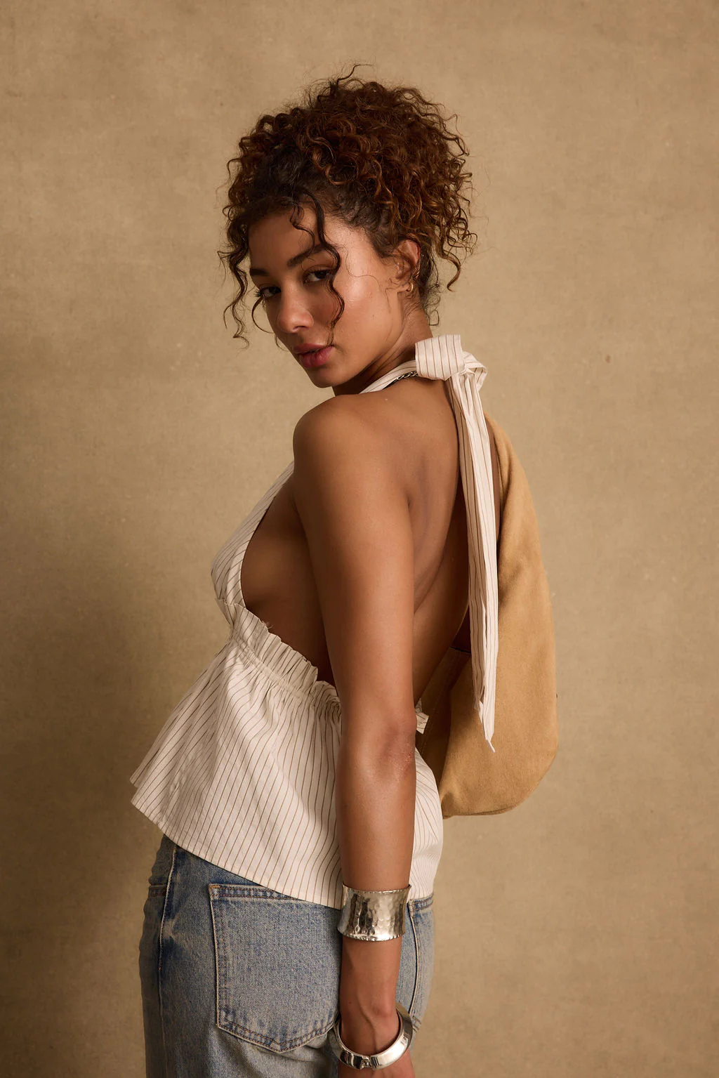 Heda Beige Striped Halter Top - Image 3