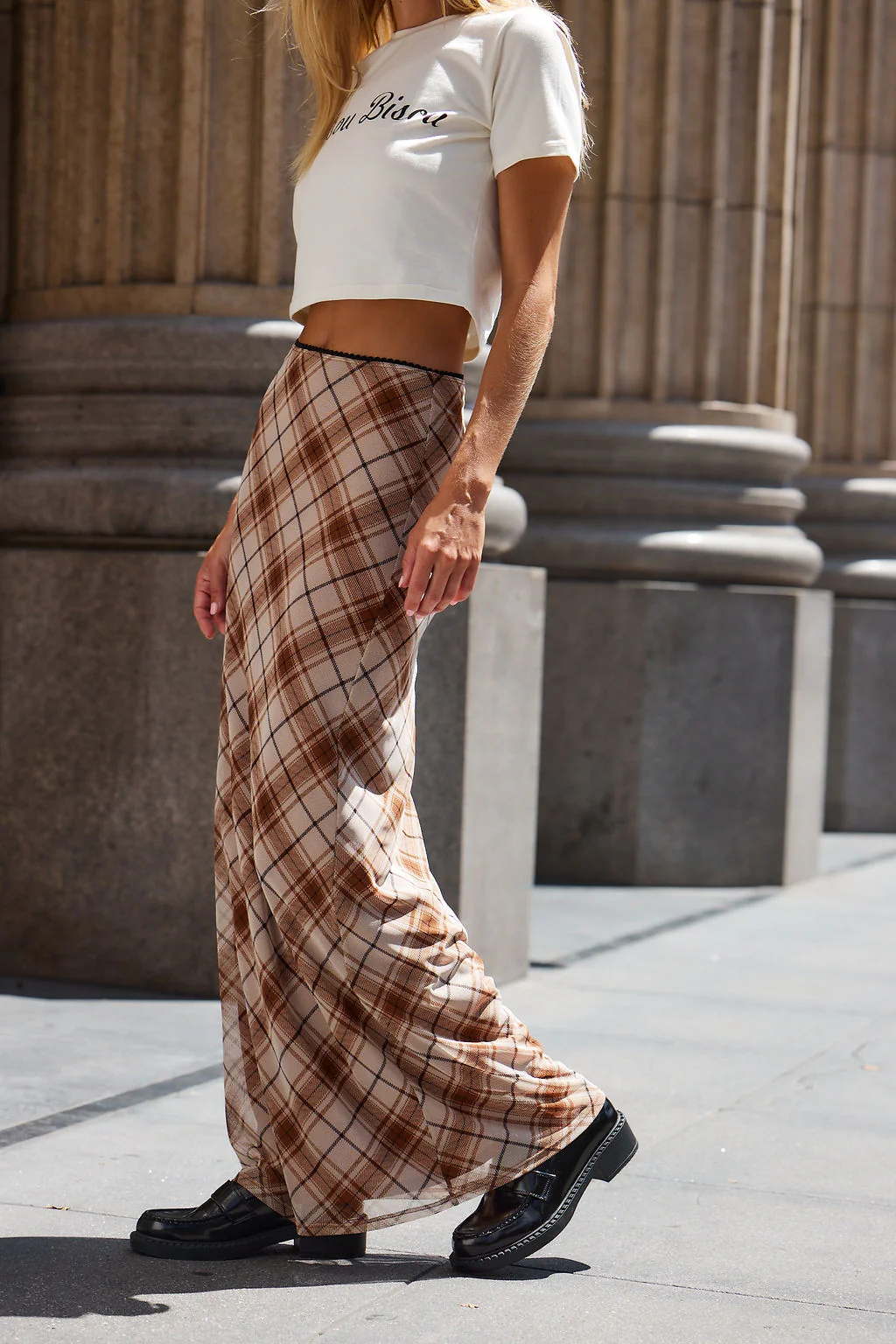 Julia Brown Plaid Mesh Maxi Skirt - Image 8