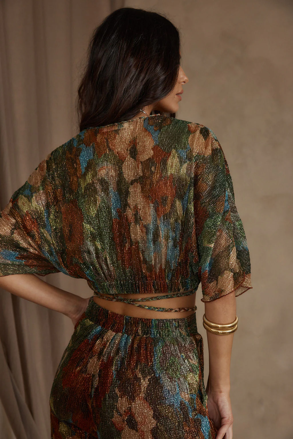 Kaia Multicolor Metallic Floral Crop Top - Image 2