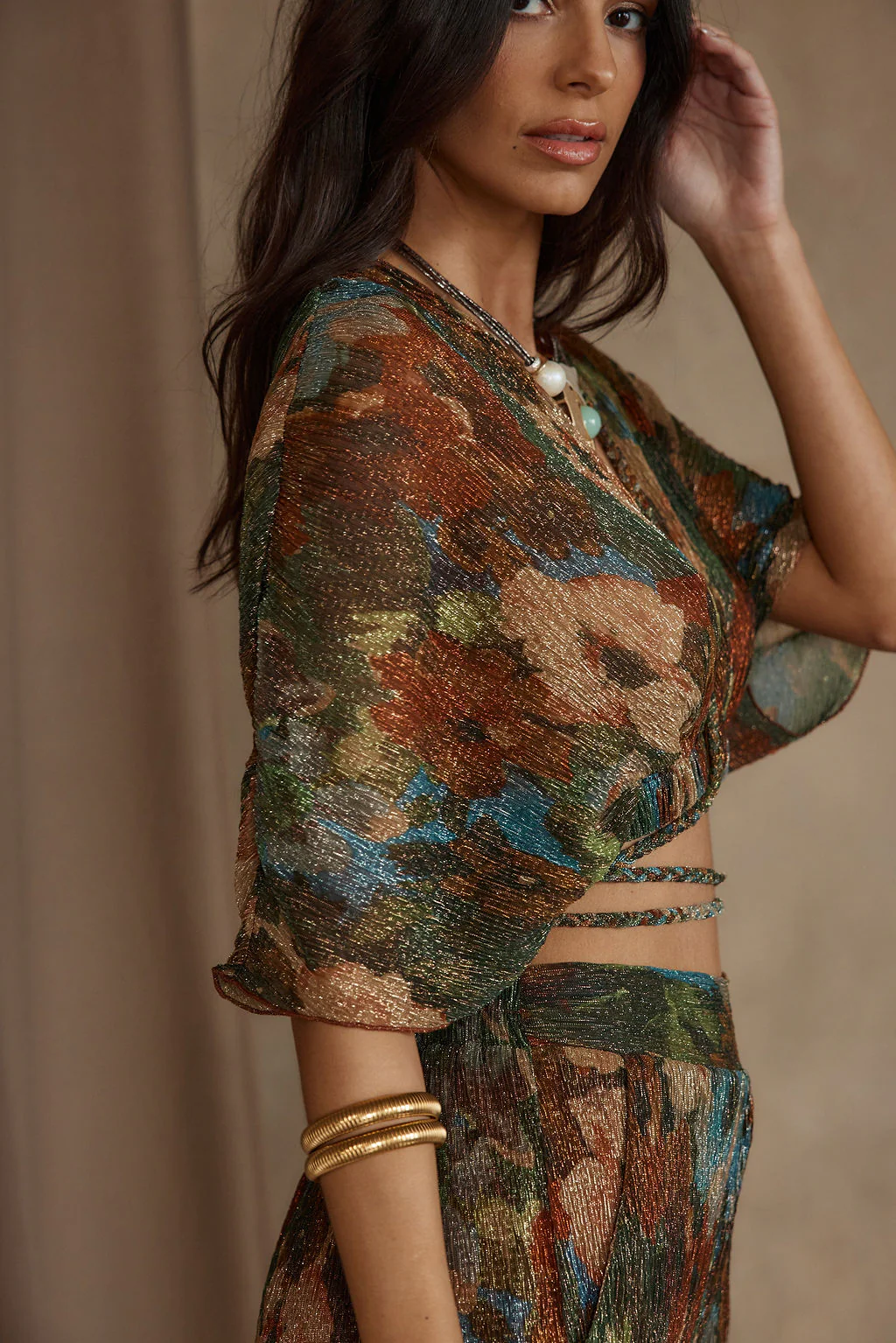 Kaia Multicolor Metallic Floral Crop Top - Image 3