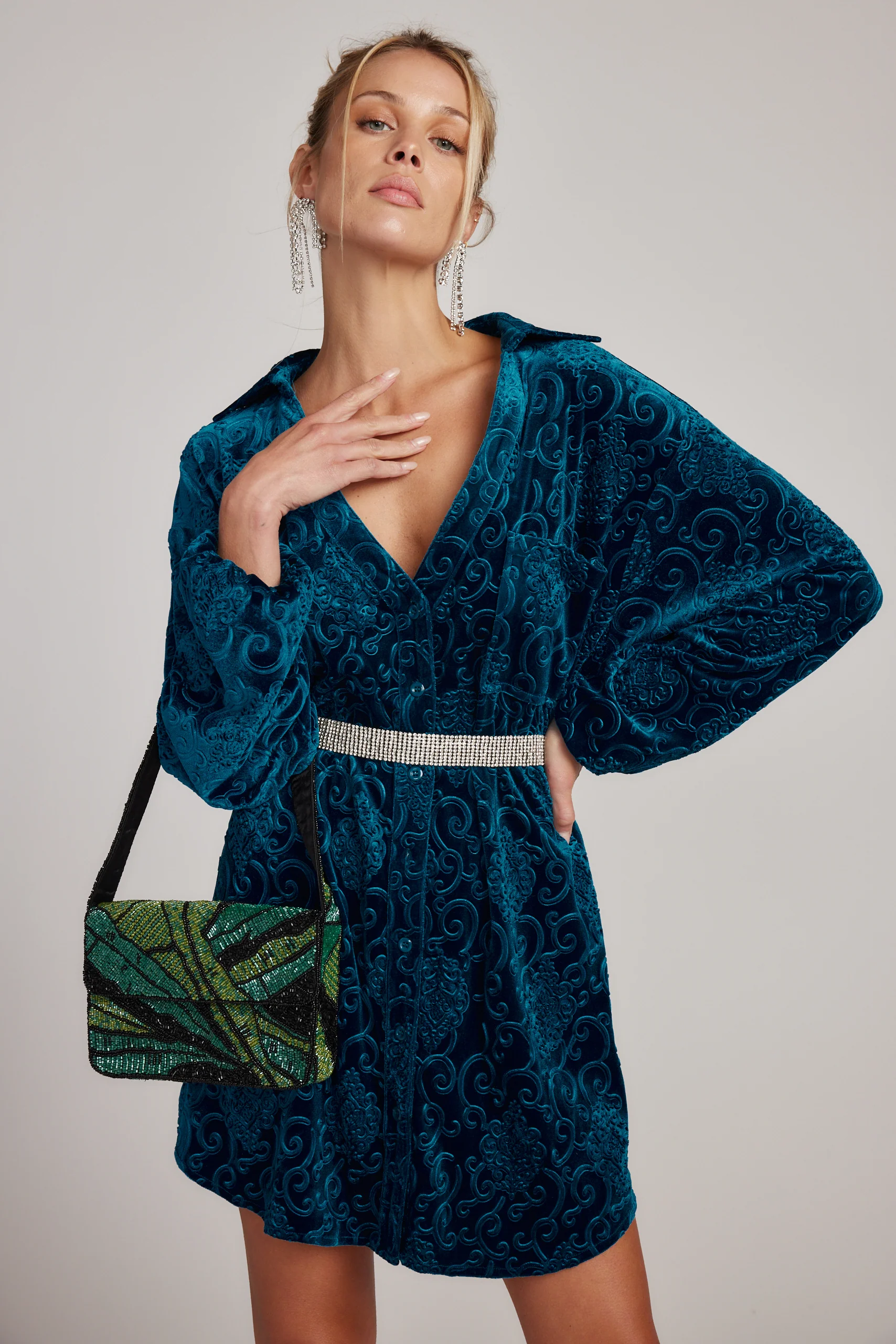 Kali Blue Long Sleeve Velvet Dress - Image 2