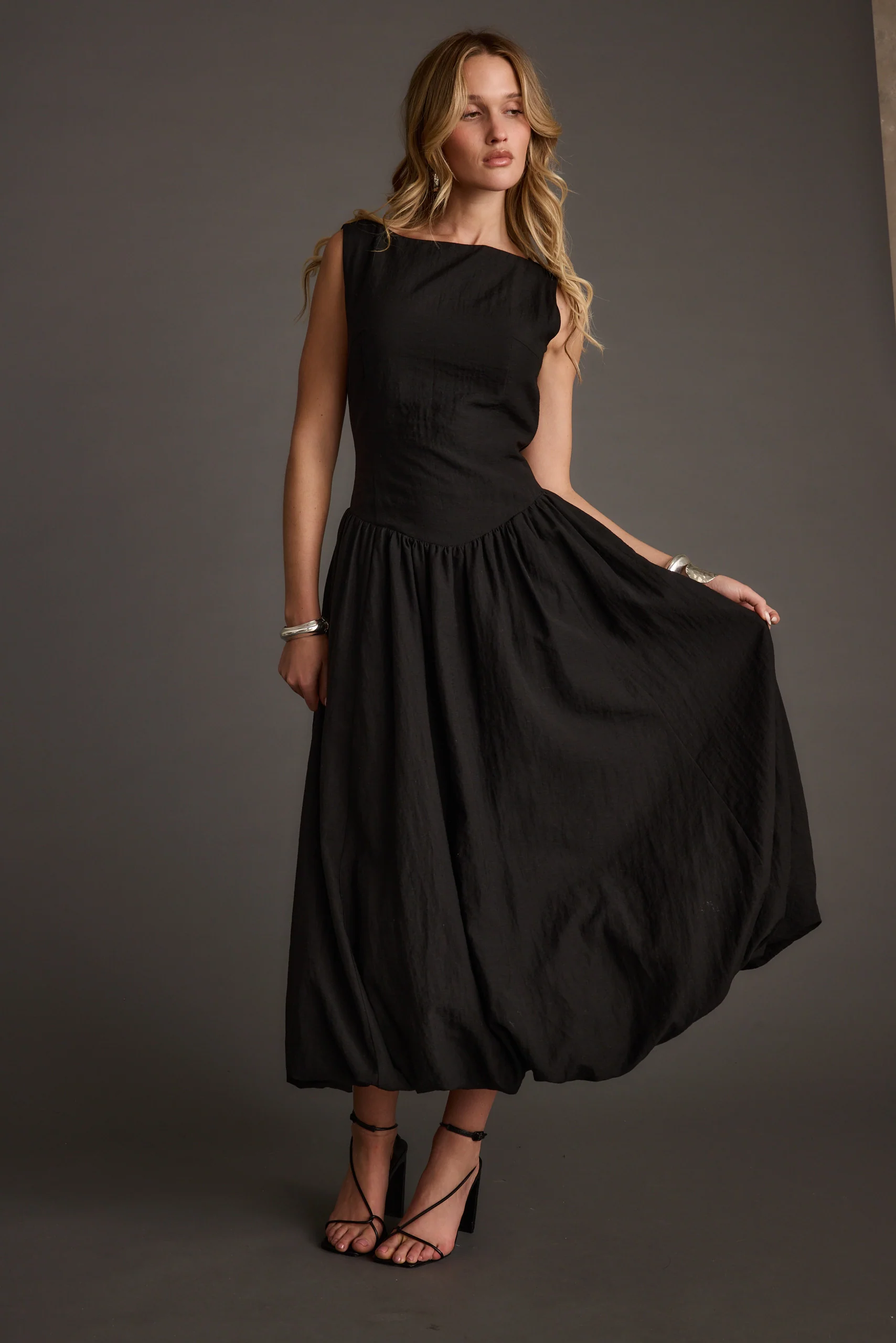 Kate Black Drop Waist Bubble Hem Midi Dress - Image 4