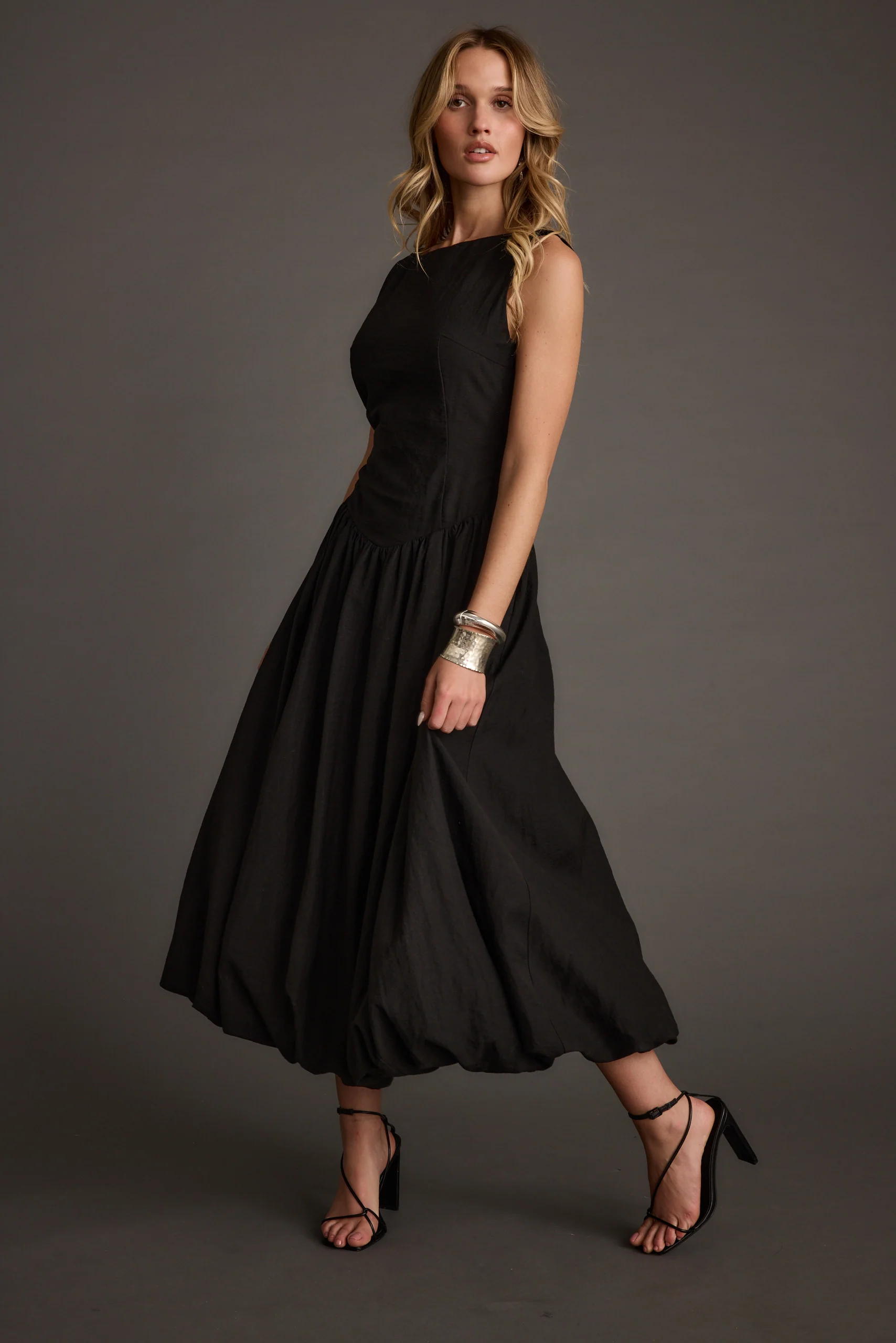 Kate Black Drop Waist Bubble Hem Midi Dress - Image 6