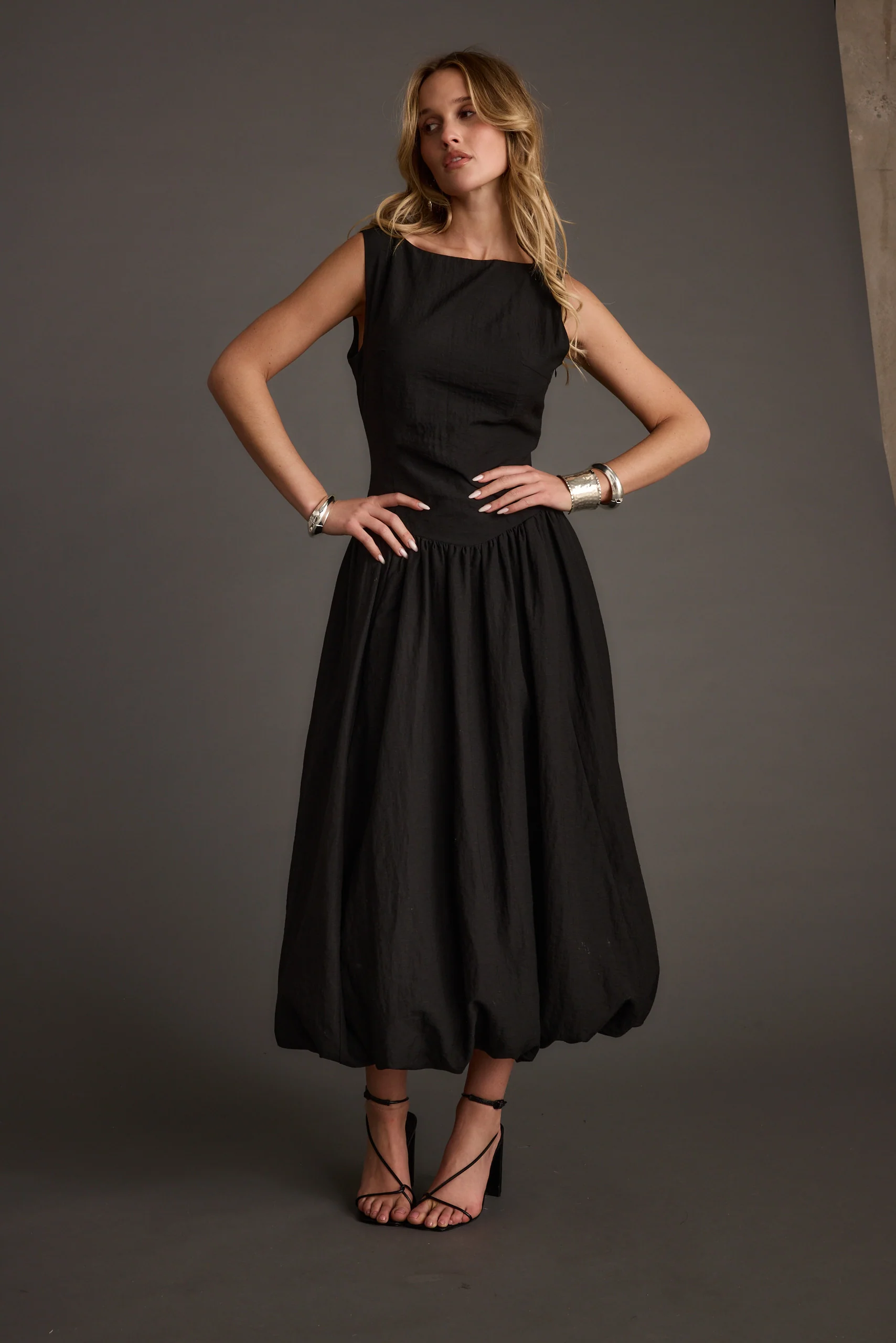 Kate Black Drop Waist Bubble Hem Midi Dress - Image 5