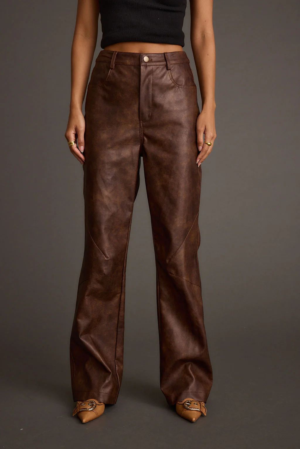 Kingsley Washed Brown Vegan Leather Straight Leg Pants - Image 2