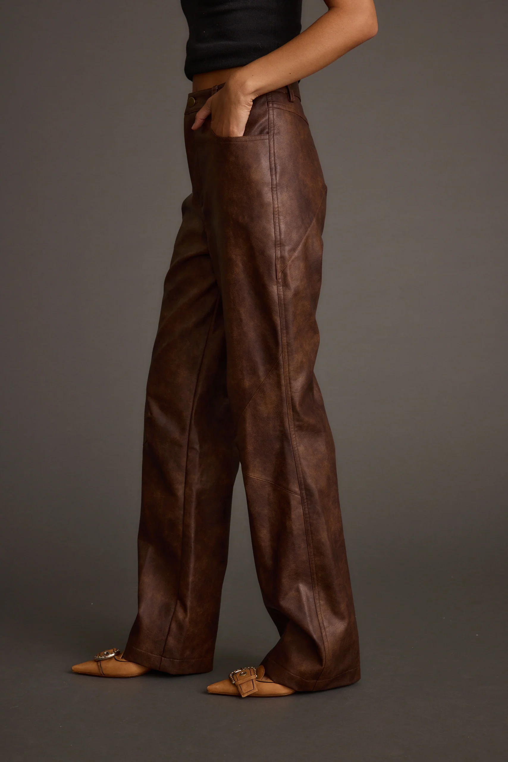 Kingsley Washed Brown Vegan Leather Straight Leg Pants - Image 3