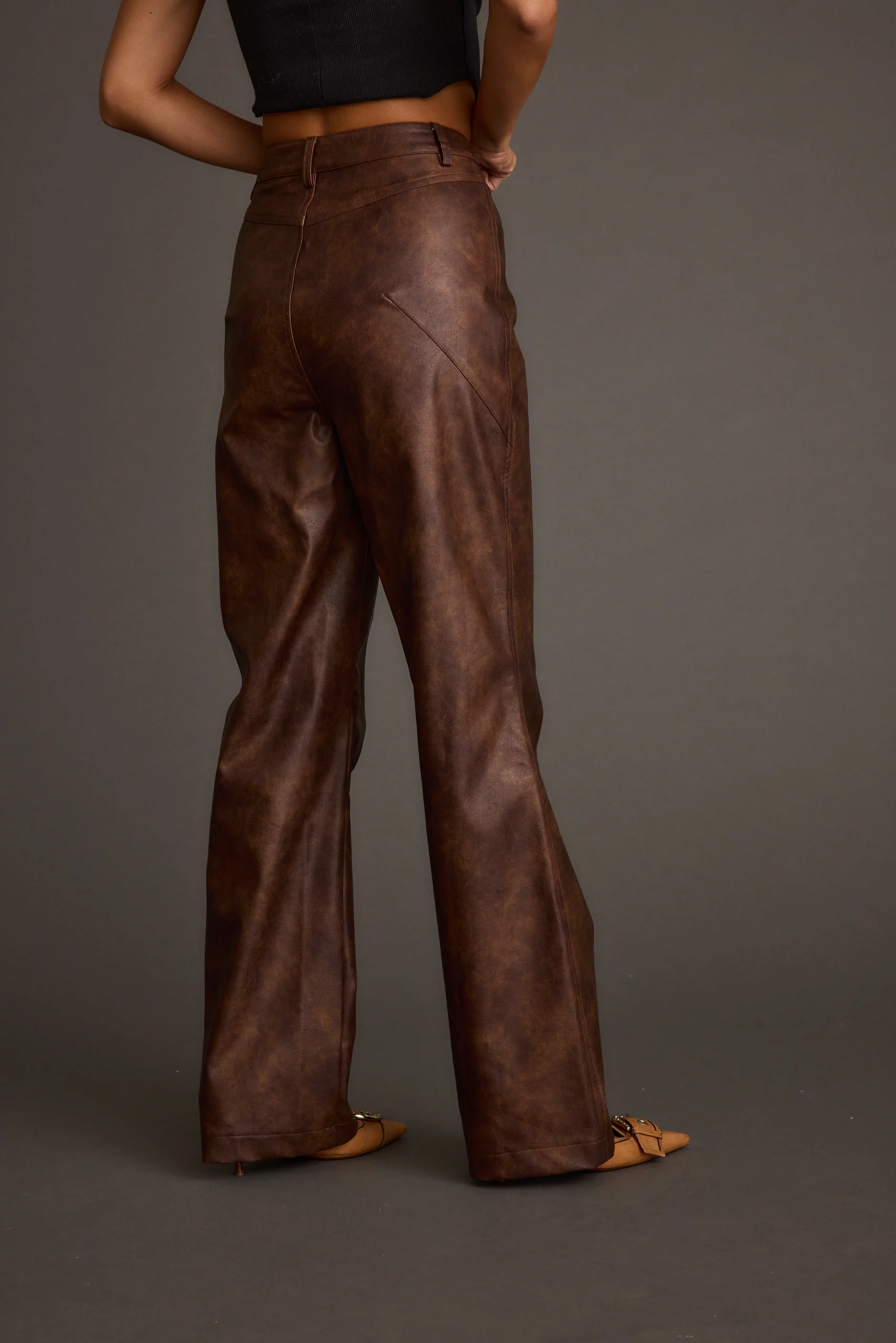 Kingsley Washed Brown Vegan Leather Straight Leg Pants - Image 4