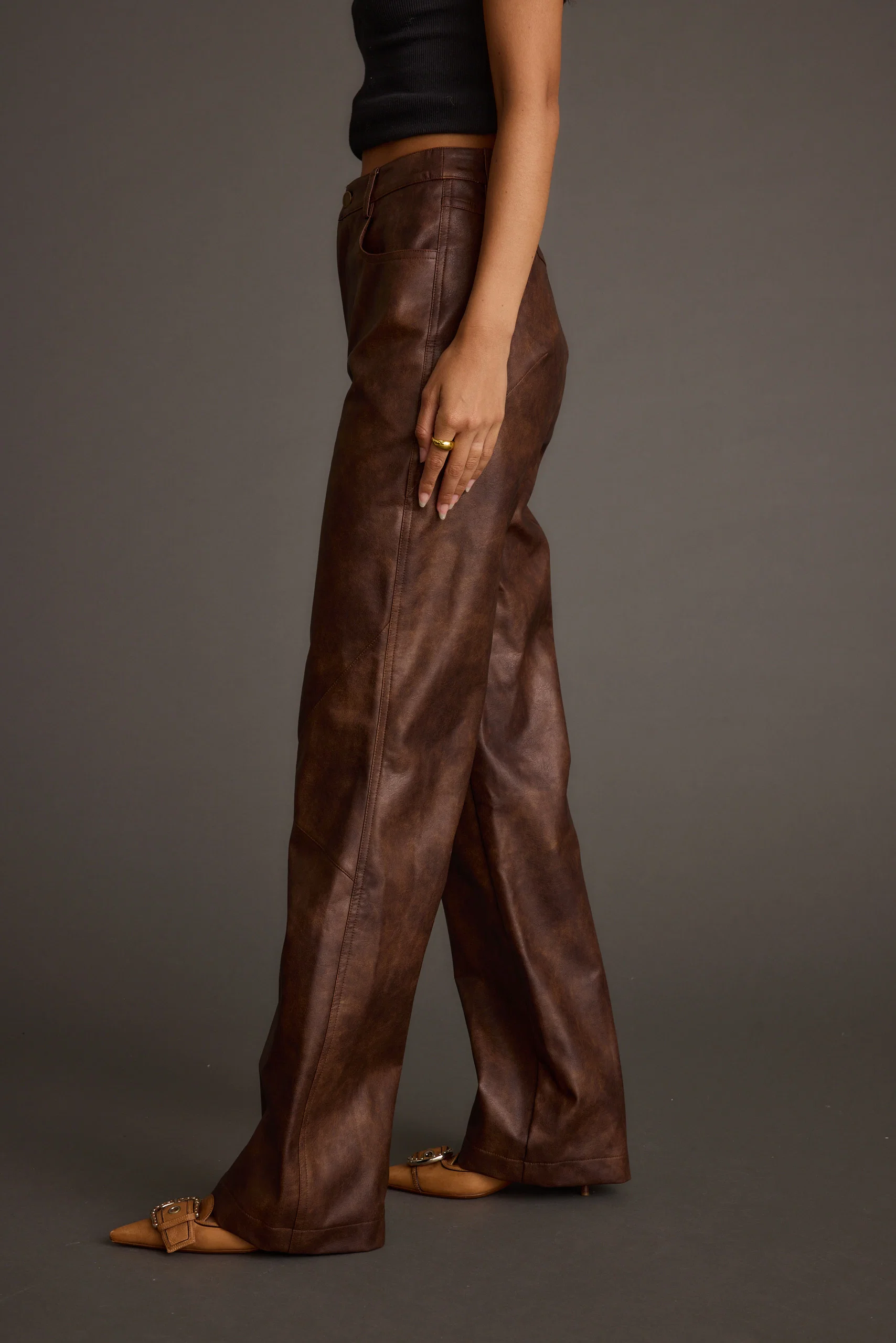 Kingsley Washed Brown Vegan Leather Straight Leg Pants - Image 5