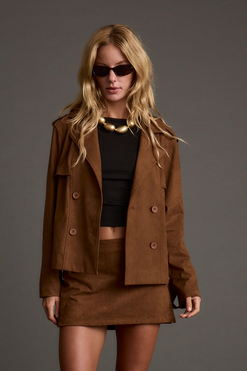Kinsey Cognac Vegan Suede Cropped Trench - Image 4