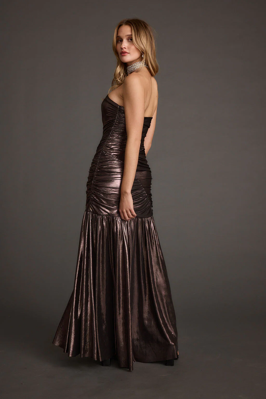 LaBelle Gunmetal Metallic Drop Waist Maxi Dress - Image 2
