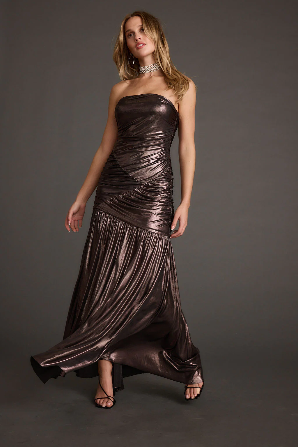 LaBelle Gunmetal Metallic Drop Waist Maxi Dress - Image 4