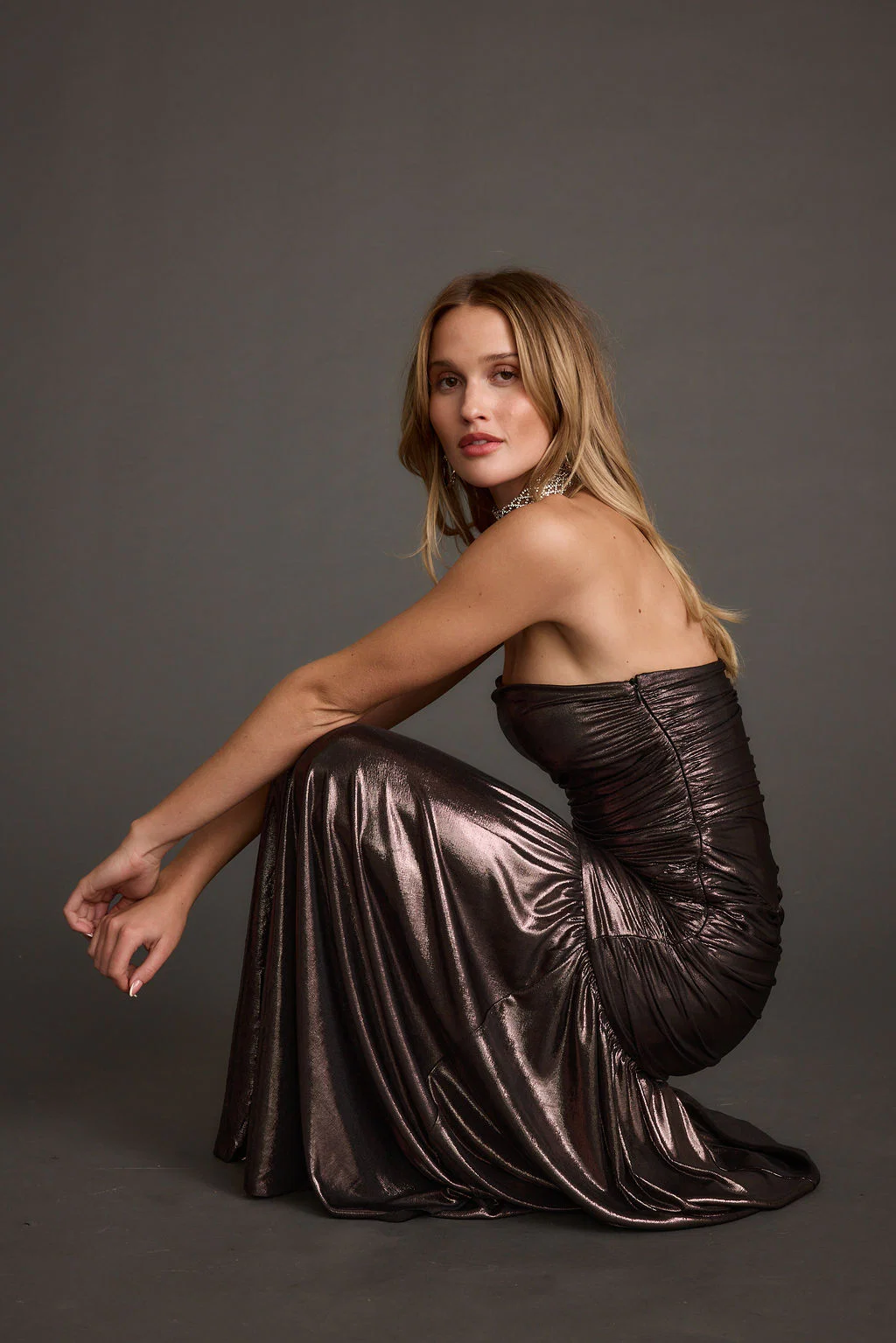 LaBelle Gunmetal Metallic Drop Waist Maxi Dress - Image 6