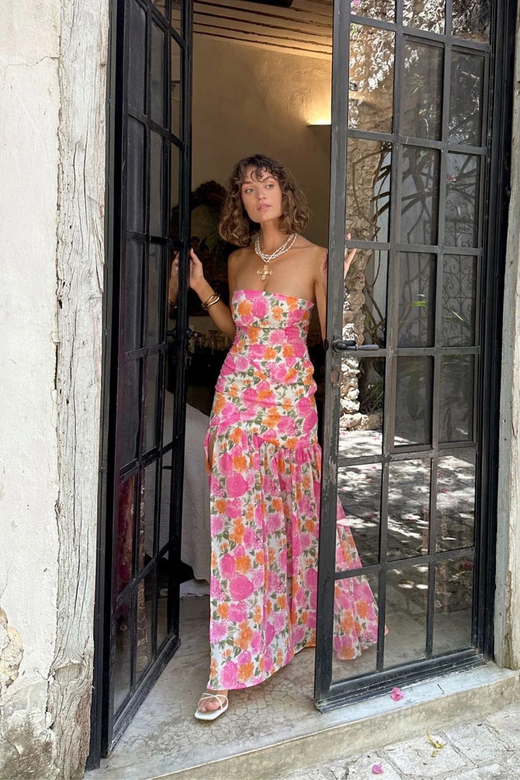 LaBelle Strapless Drop Waist Pink Floral Maxi Dress - Image 3