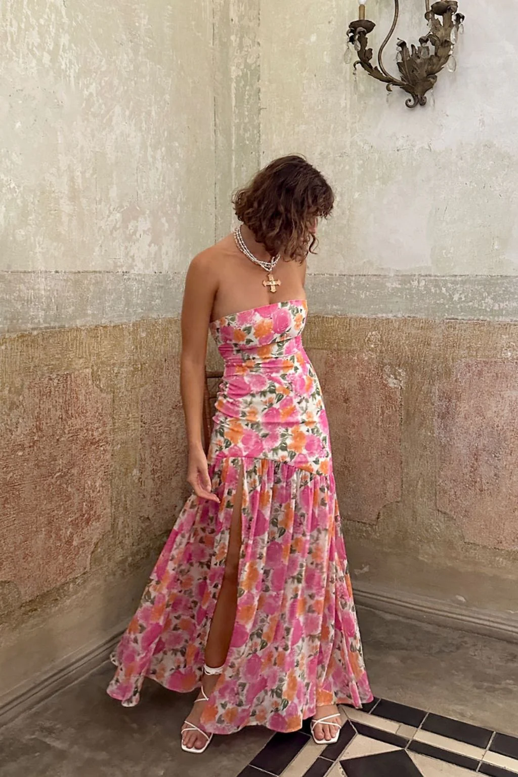 LaBelle Strapless Drop Waist Pink Floral Maxi Dress - Image 4
