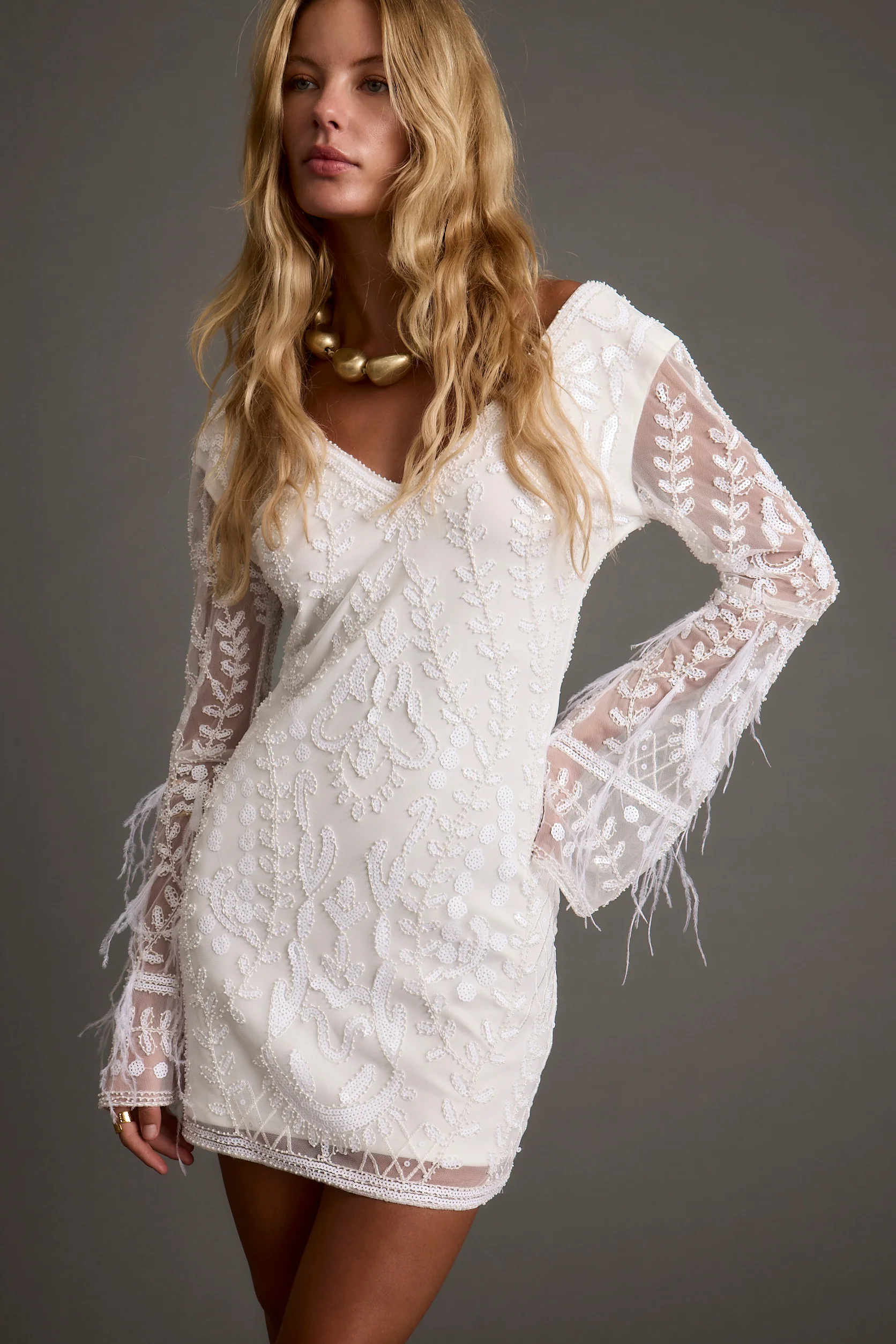 Larisa White Printed Sequin Long Sleeve Dress - Image 5