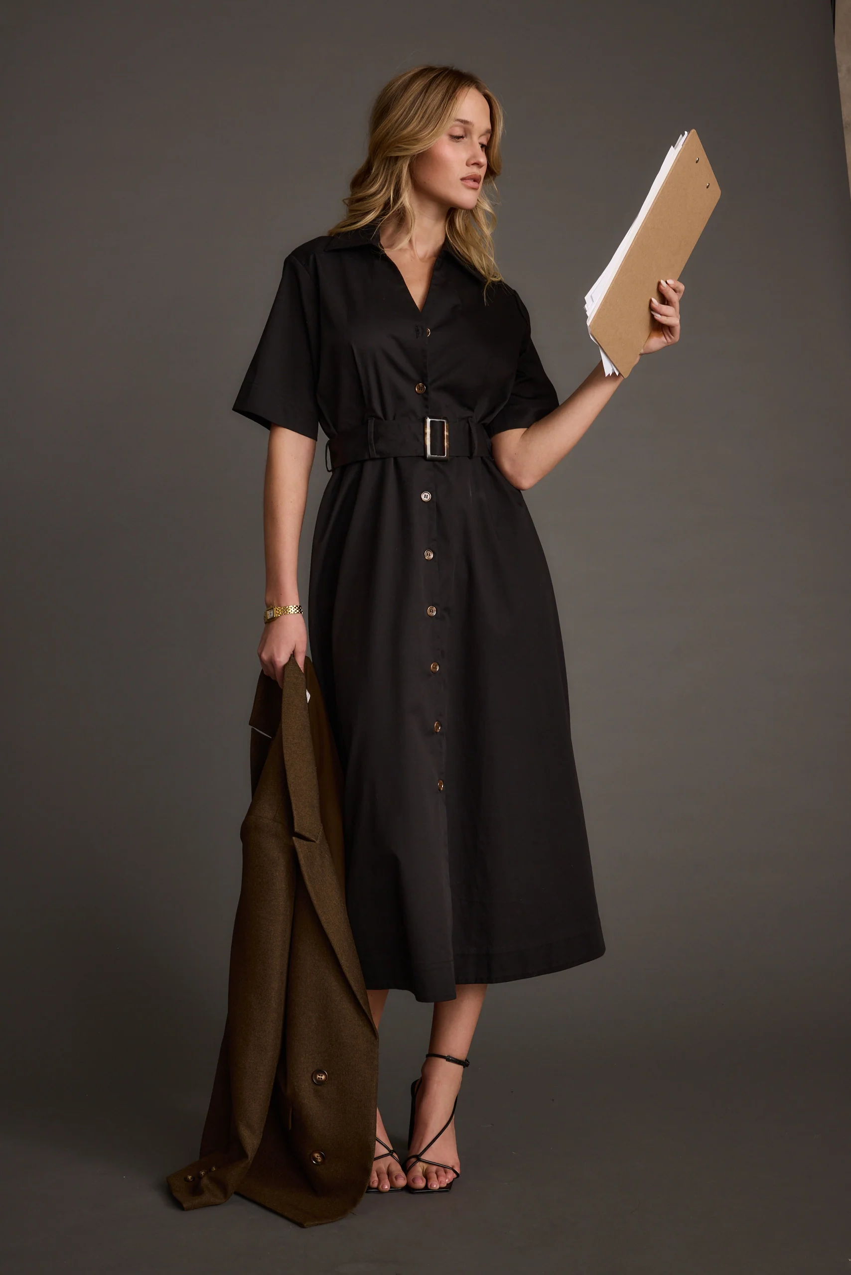 Leena Black Button Front Belted Midi Dress - Image 3