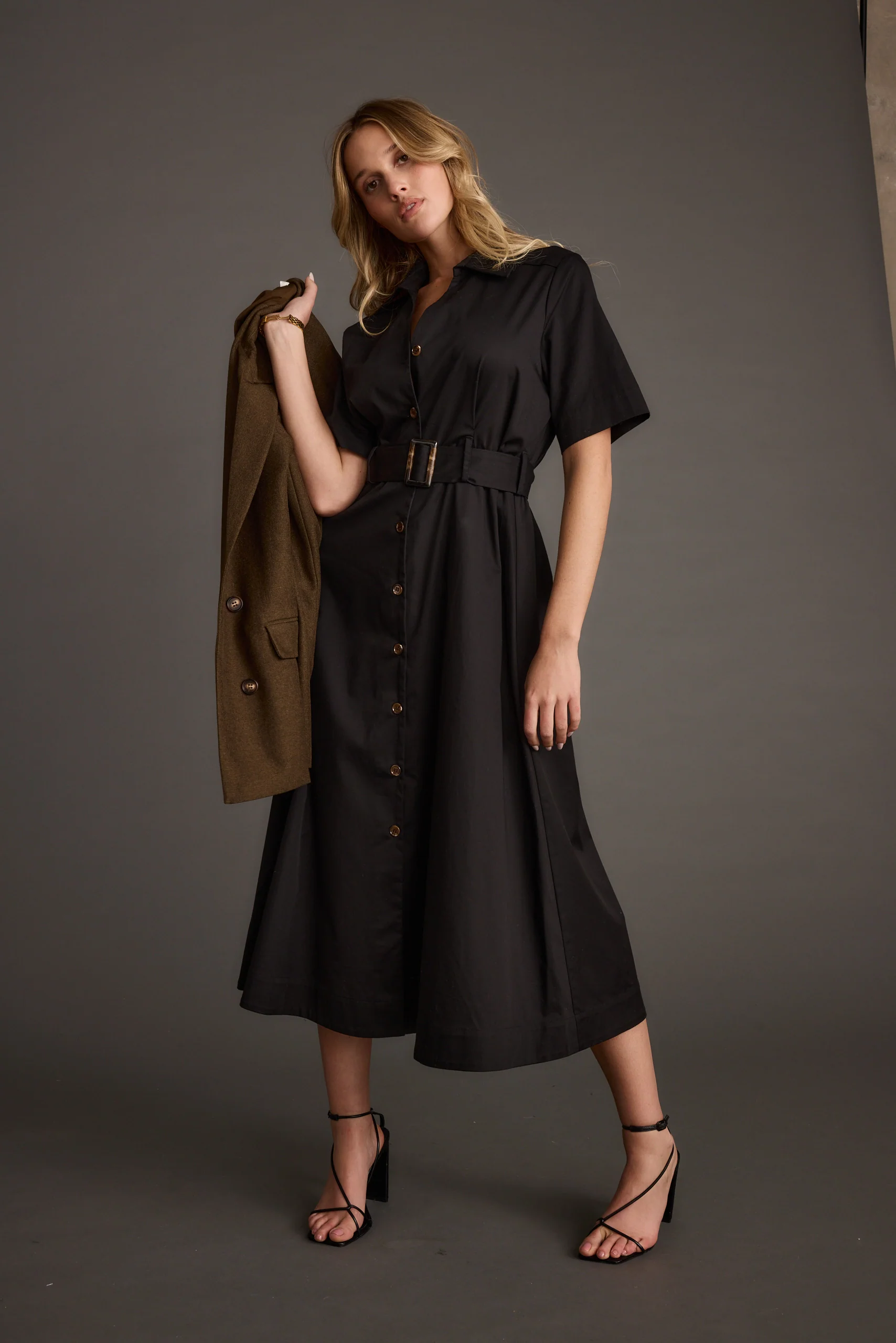 Leena Black Button Front Belted Midi Dress - Image 4