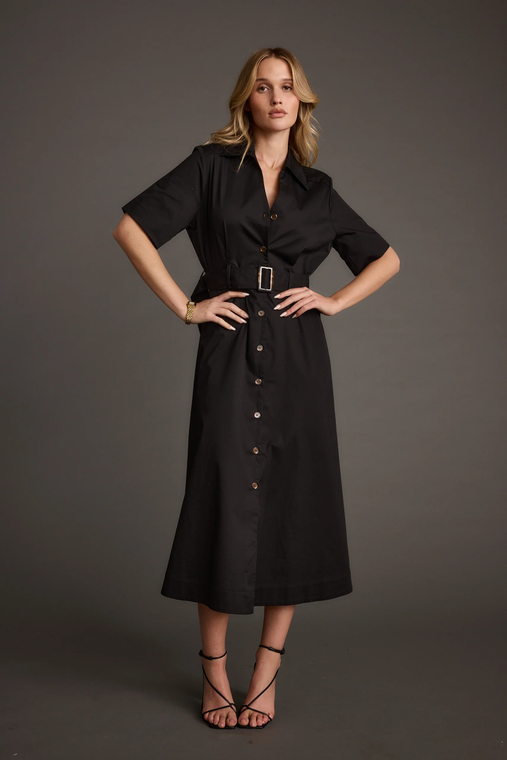 Leena Black Button Front Belted Midi Dress - Image 5