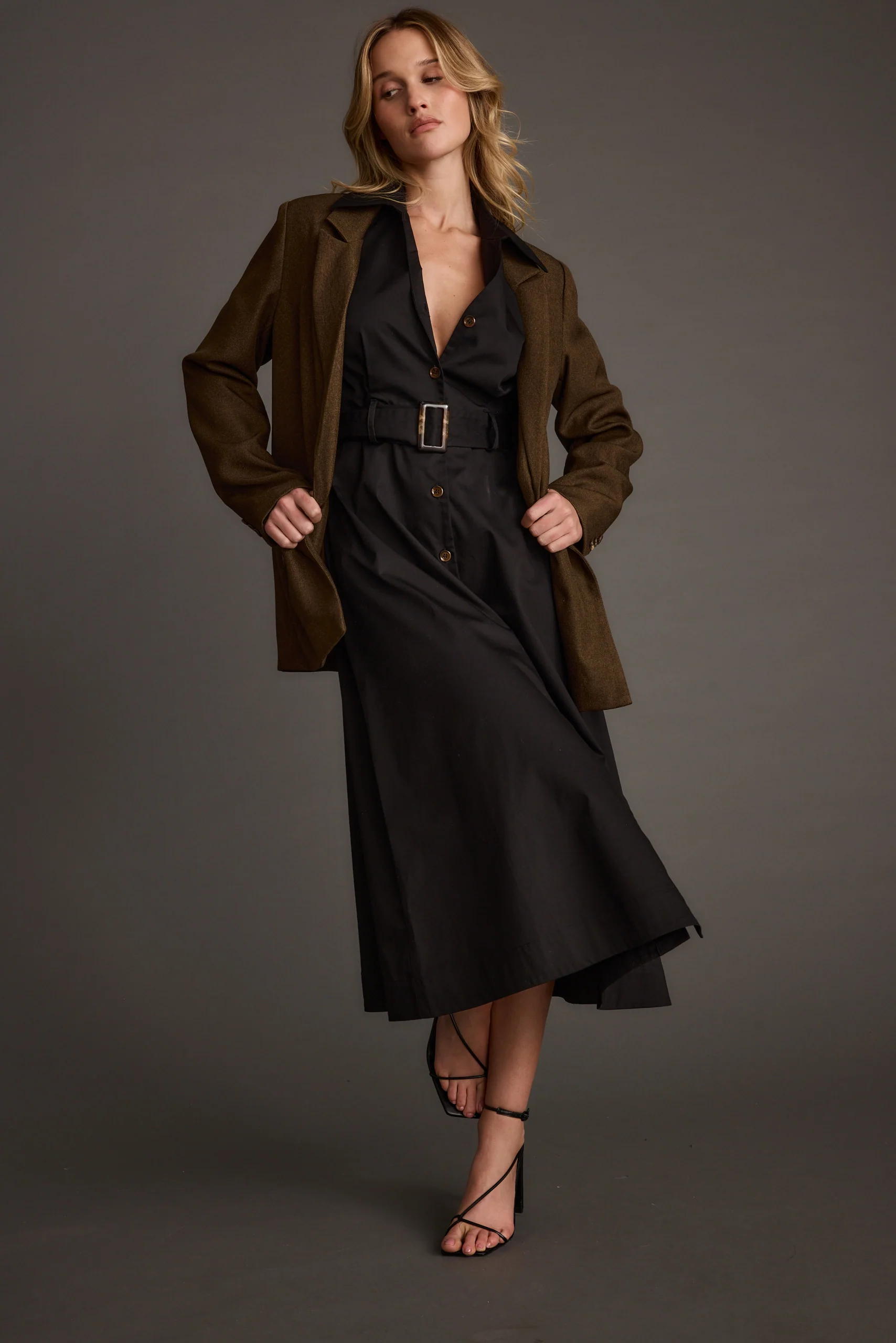 Leena Black Button Front Belted Midi Dress - Image 7