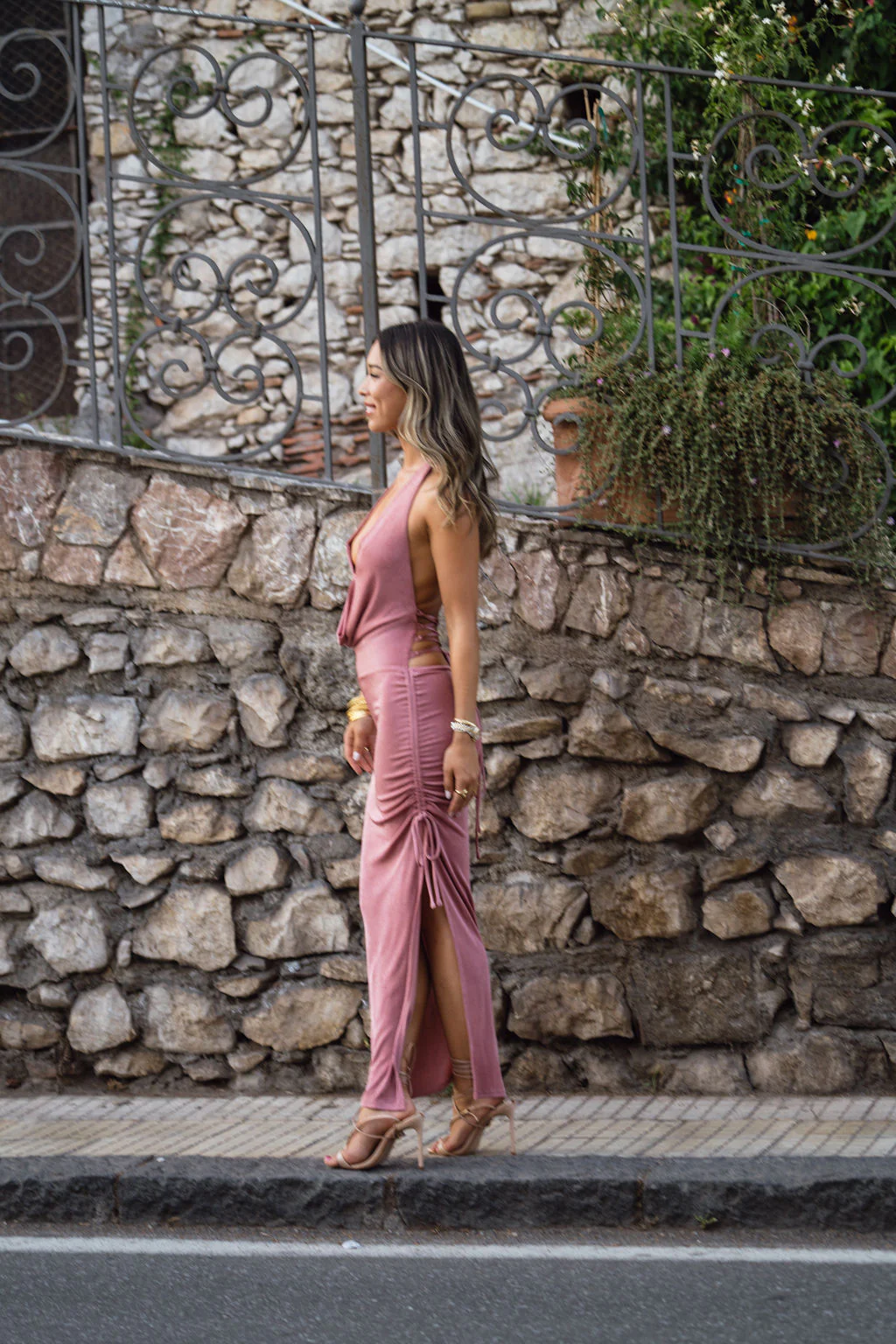 Lilia Blush Cowl Neck Slinky Midi Dress - Image 3