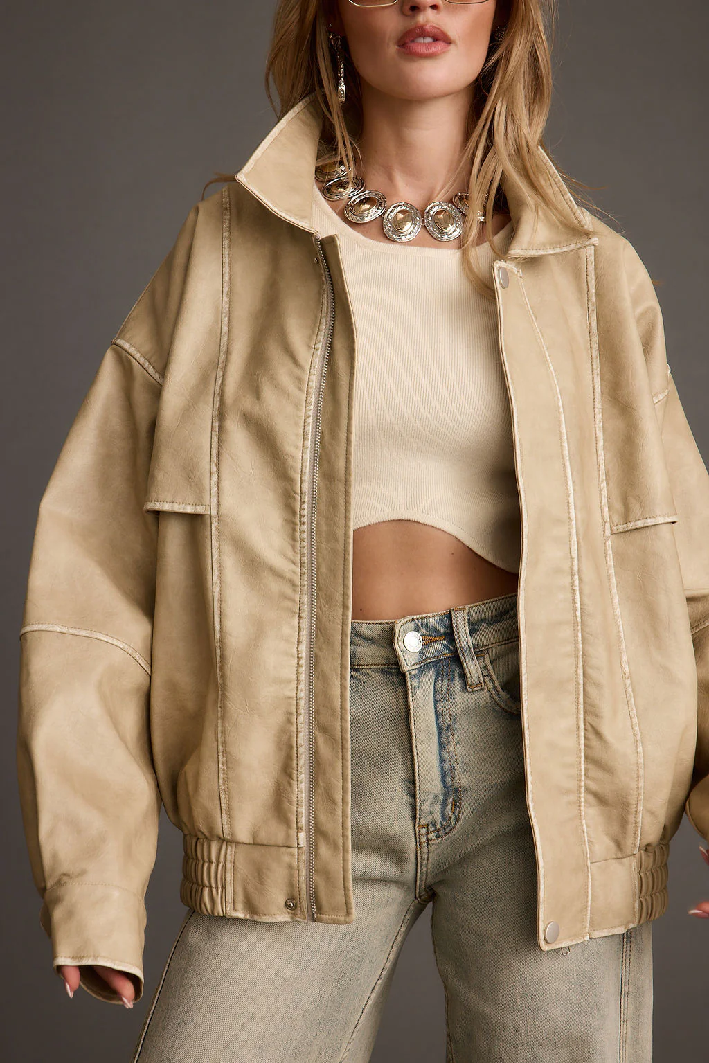 London Calling Light Taupe Oversized Faux Leather Jacket - Image 3