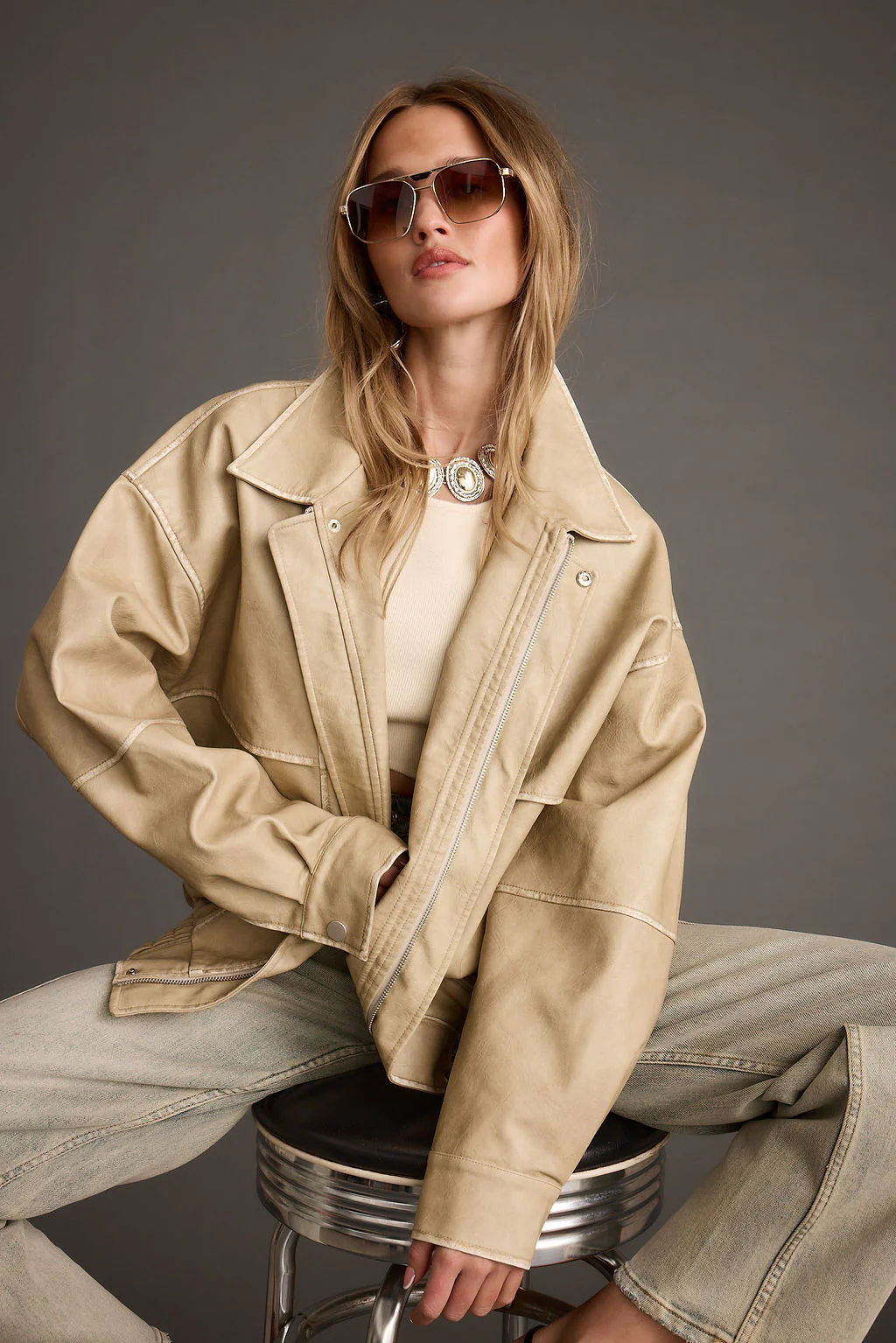 London Calling Light Taupe Oversized Faux Leather Jacket - Image 5
