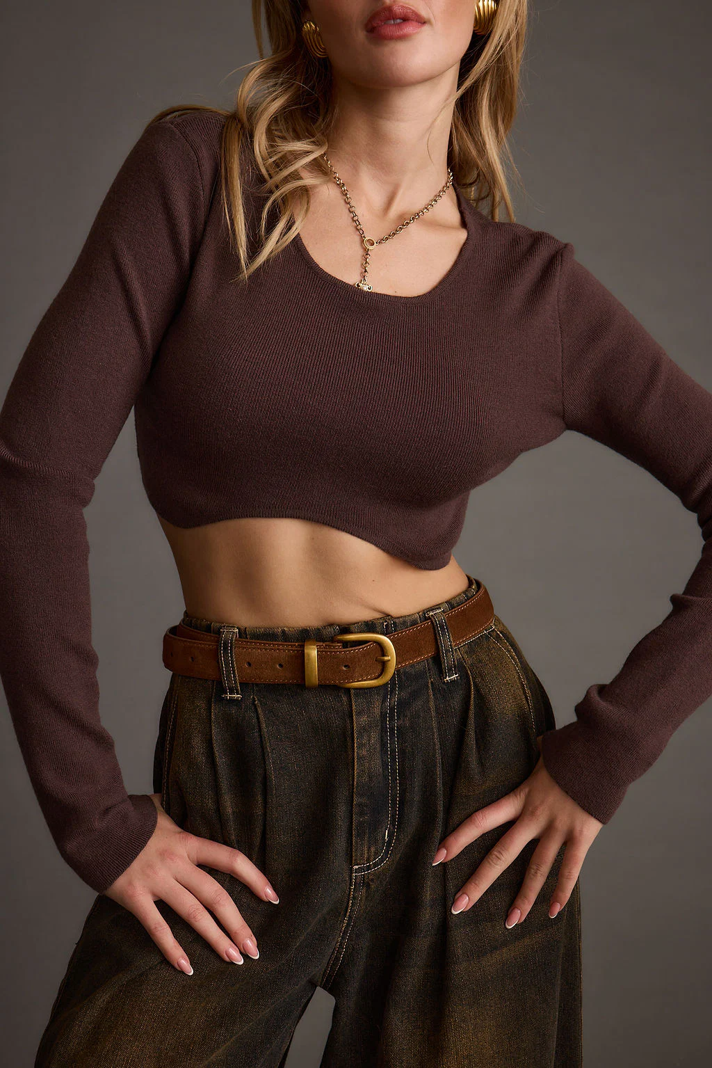 Malorie Brown Cropped Ribbed Sweater - Image 6