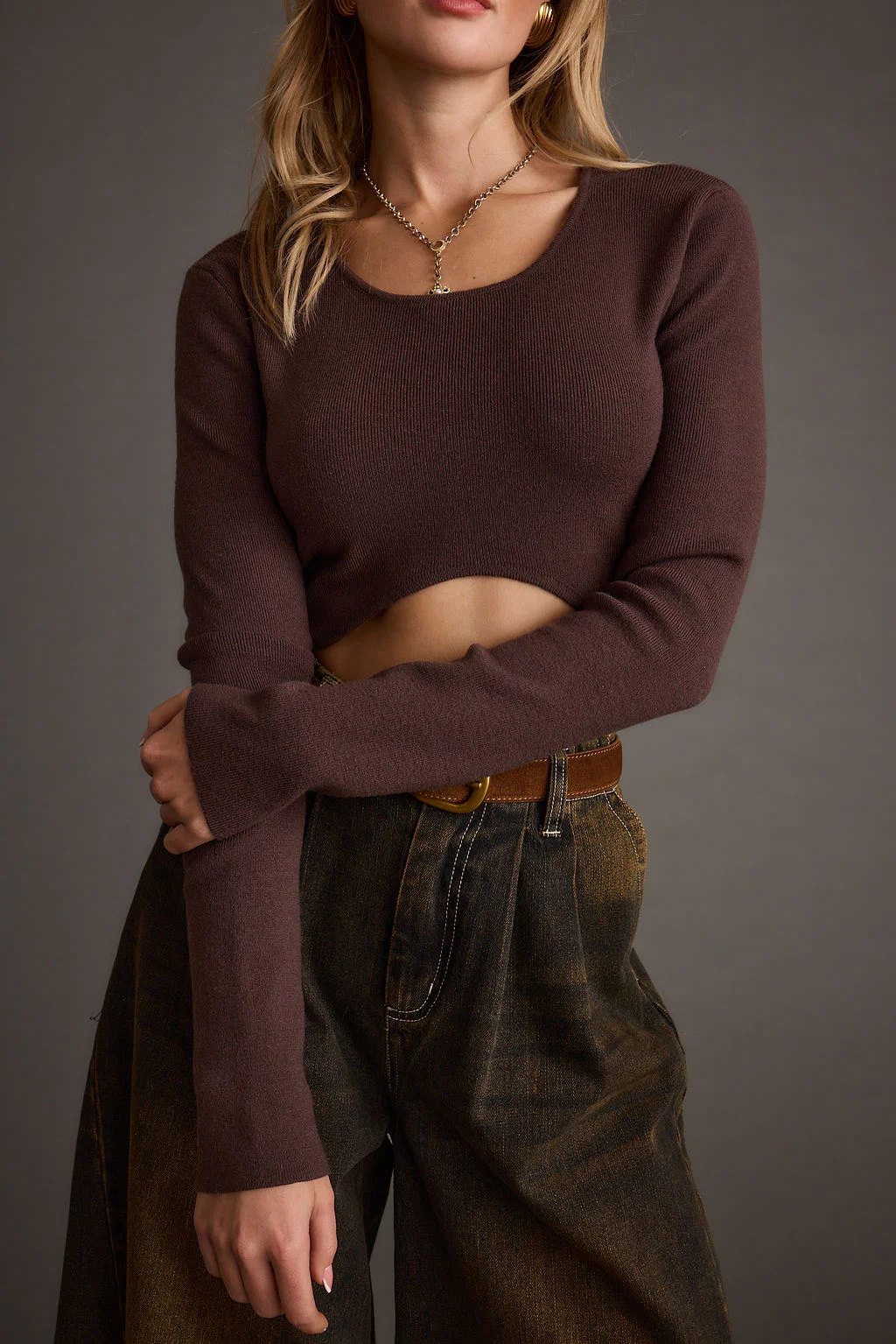 Malorie Brown Cropped Ribbed Sweater - Image 7