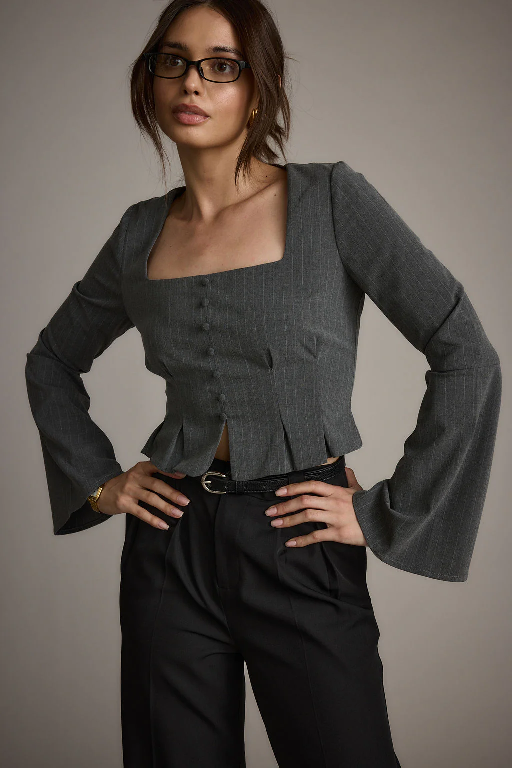McGrath Grey Pinstripe Long Sleeve Top - Image 4