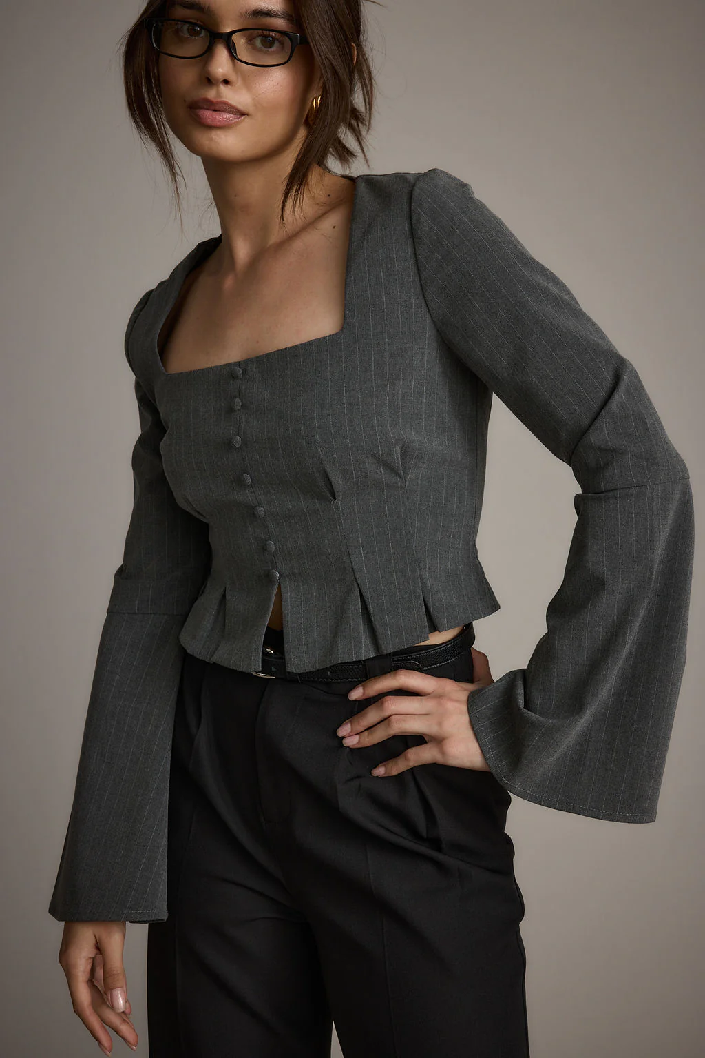 McGrath Grey Pinstripe Long Sleeve Top - Image 5