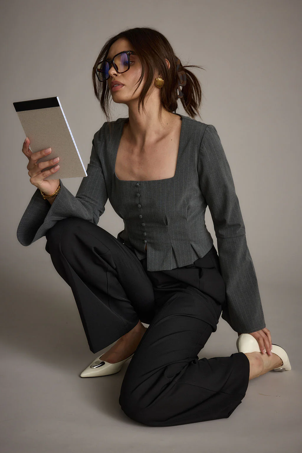 McGrath Grey Pinstripe Long Sleeve Top - Image 7