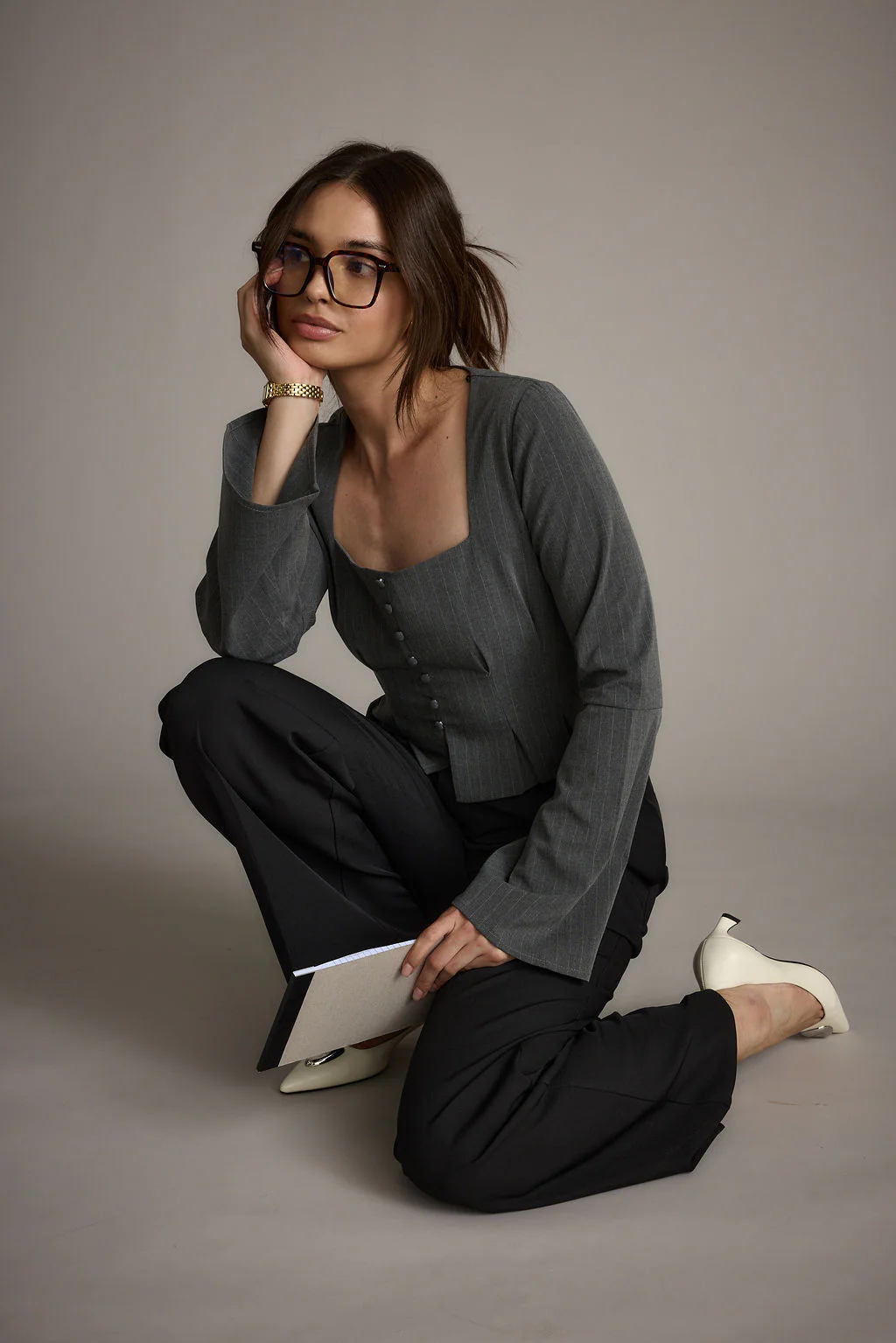 McGrath Grey Pinstripe Long Sleeve Top - Image 8