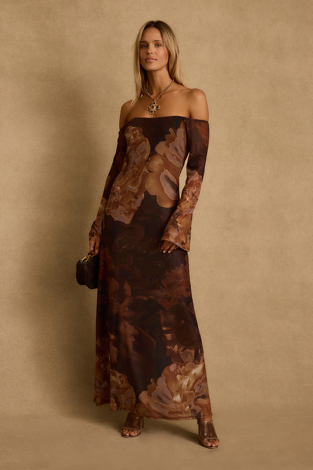 Merritt Mocha Floral Mesh Maxi Dress - Image 3