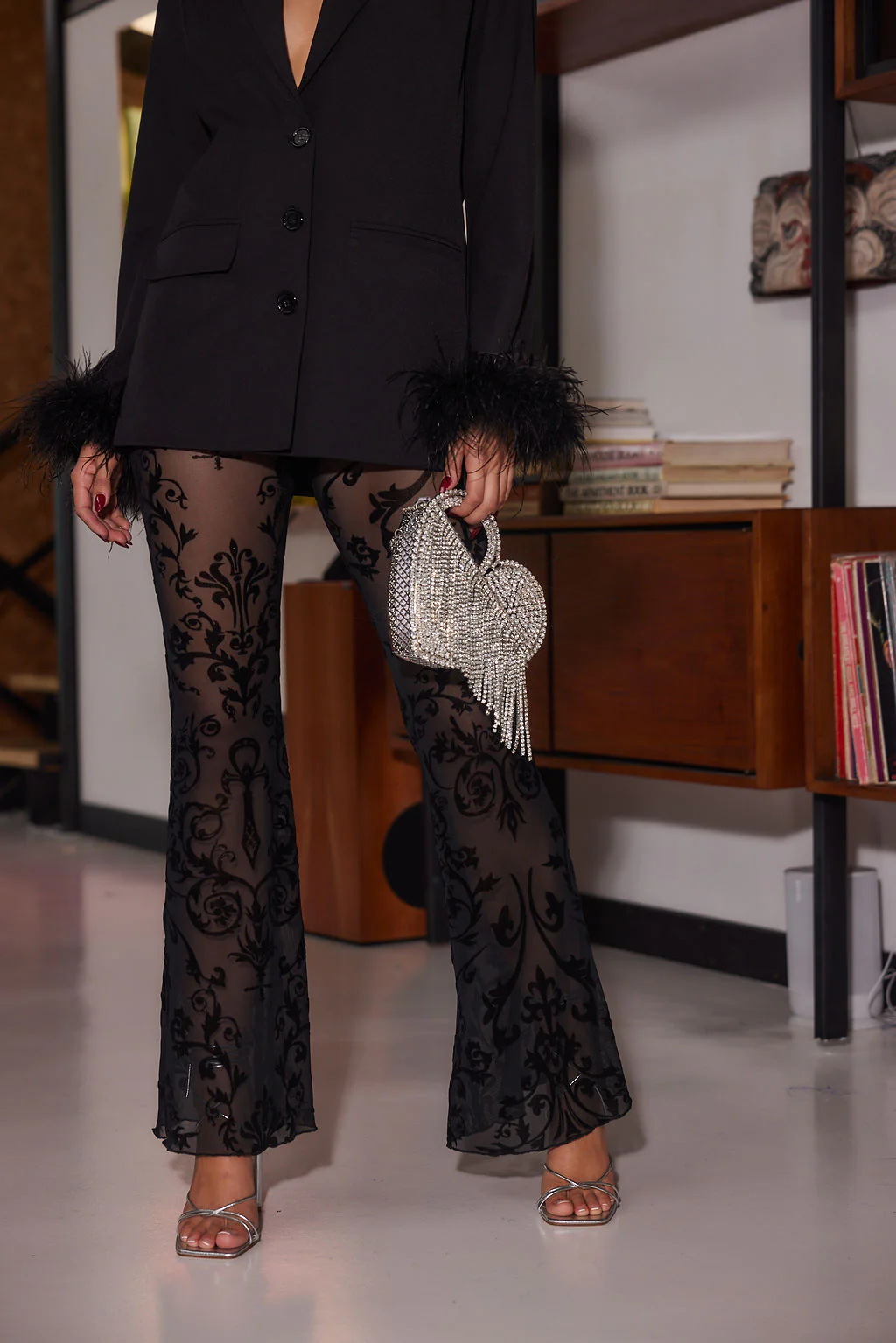 Midnight Hour Black Velvet Burnout Flare Pants - Image 2