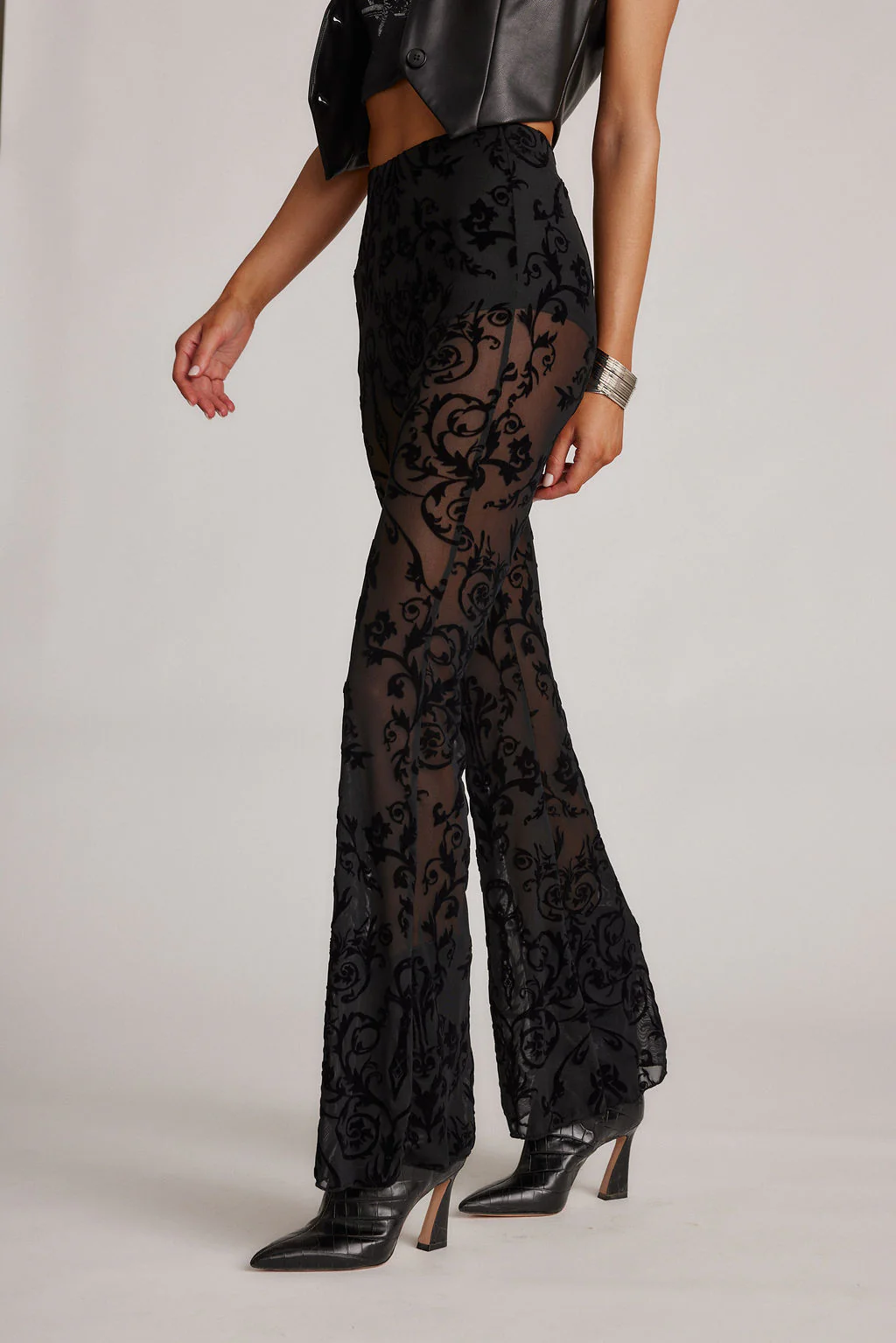 Midnight Hour Black Velvet Burnout Flare Pants - Image 4