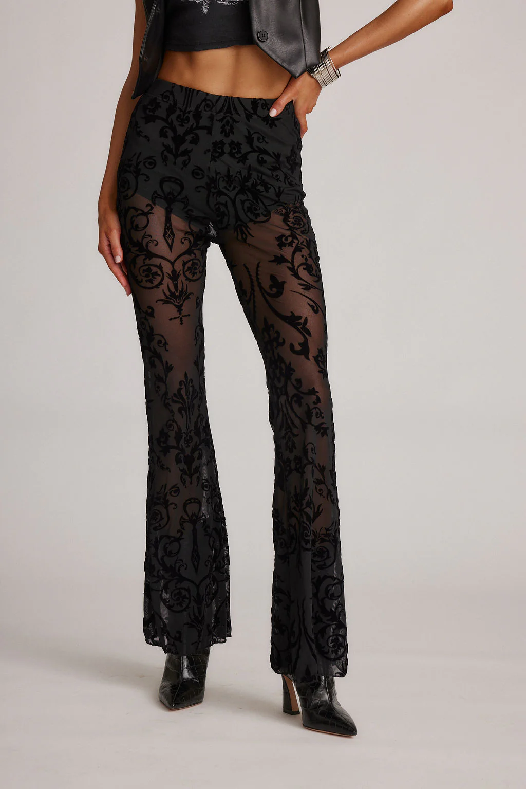Midnight Hour Black Velvet Burnout Flare Pants - Image 7