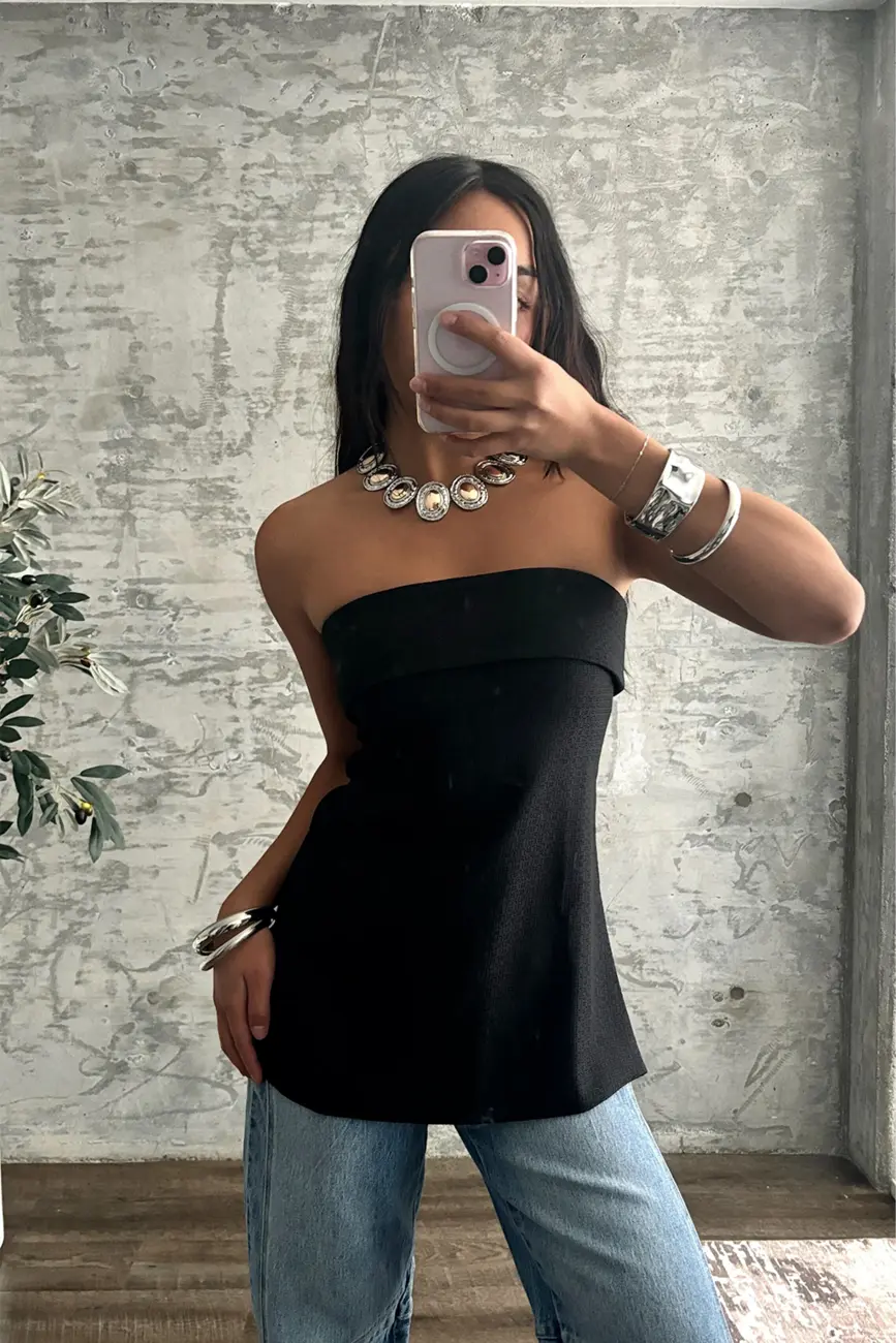 Montague Black Tailored Strapless Longline Top - Image 3